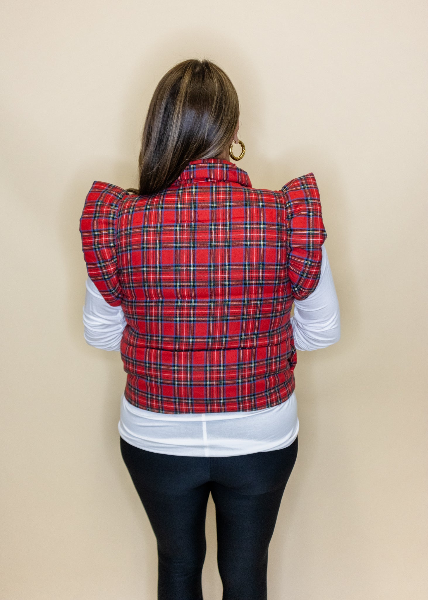 Red Plaid Ruffle Puffer Vest