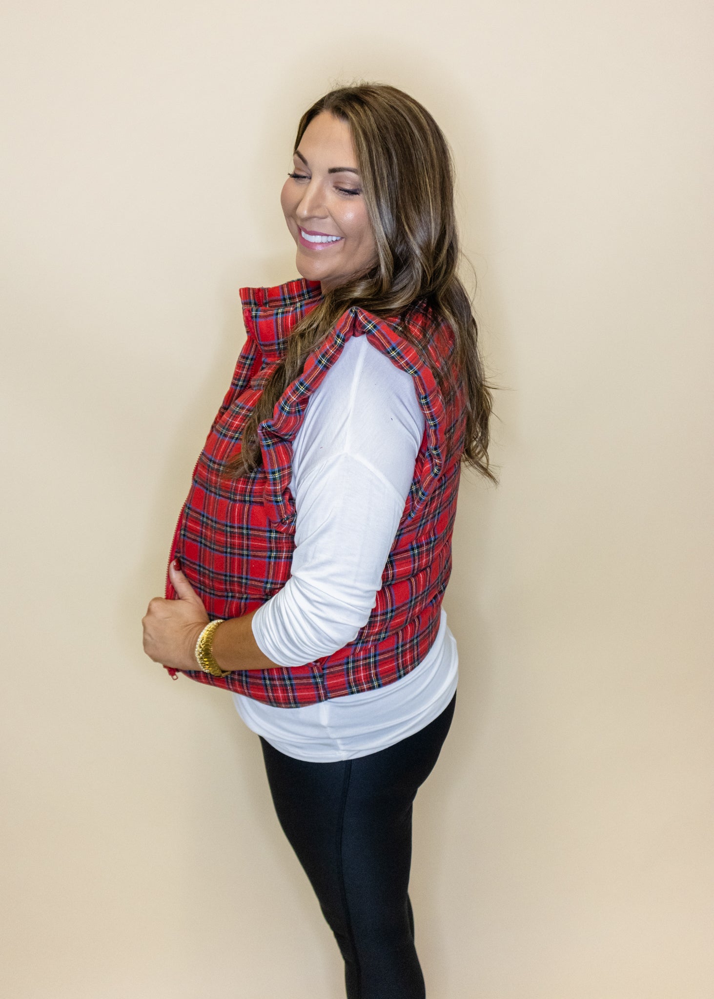 Red Plaid Ruffle Puffer Vest