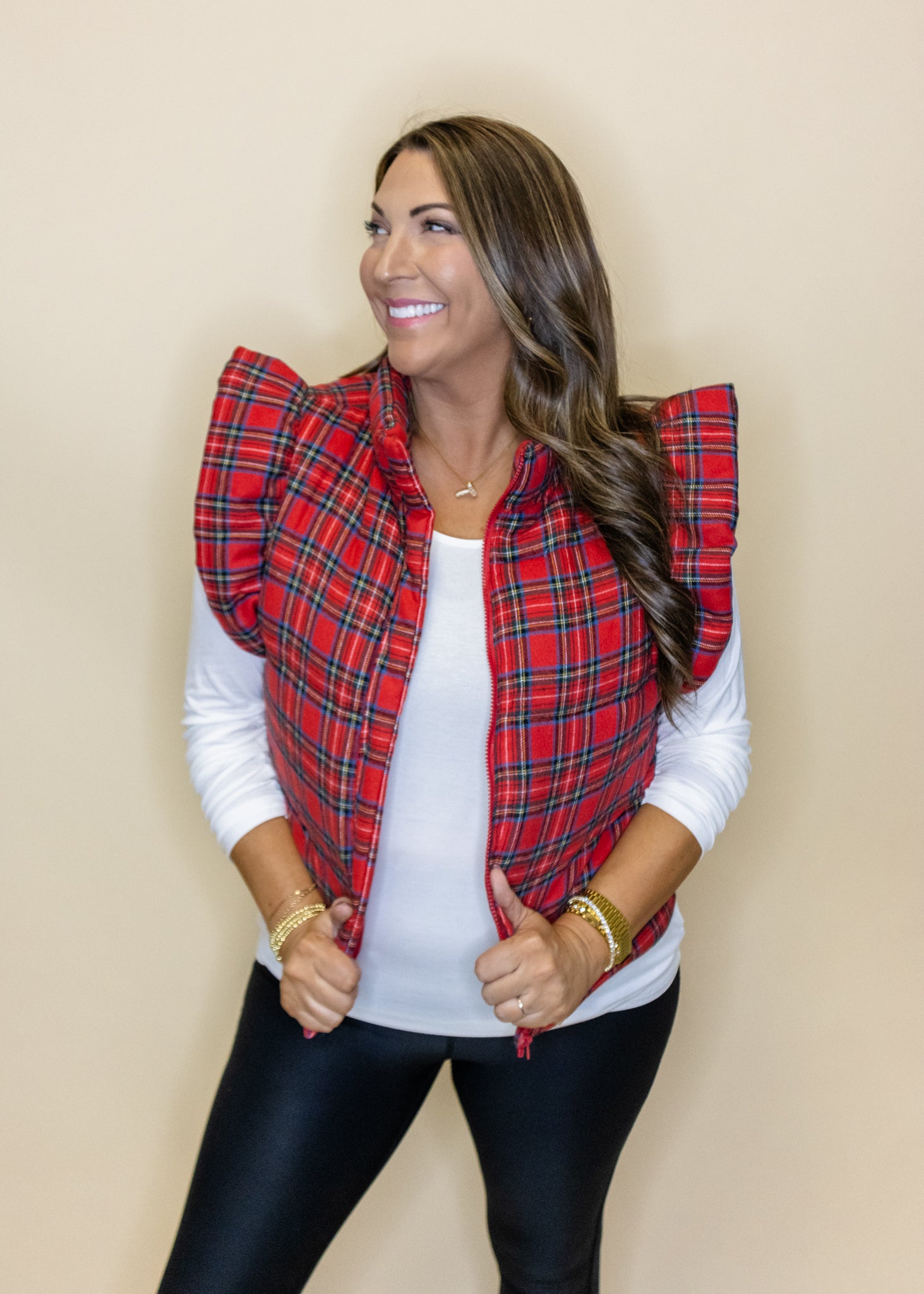 Red Plaid Ruffle Puffer Vest