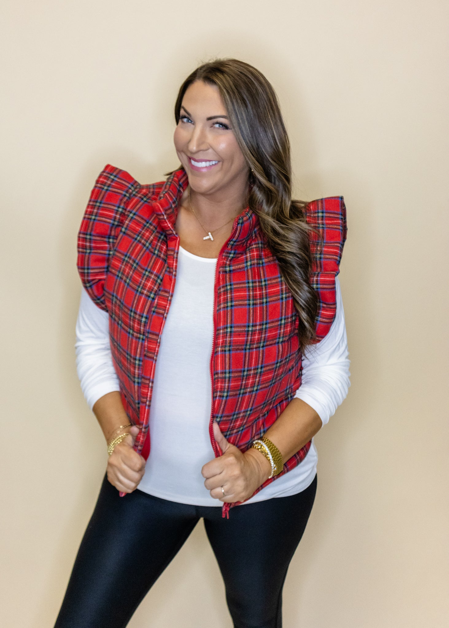 Red Plaid Ruffle Puffer Vest