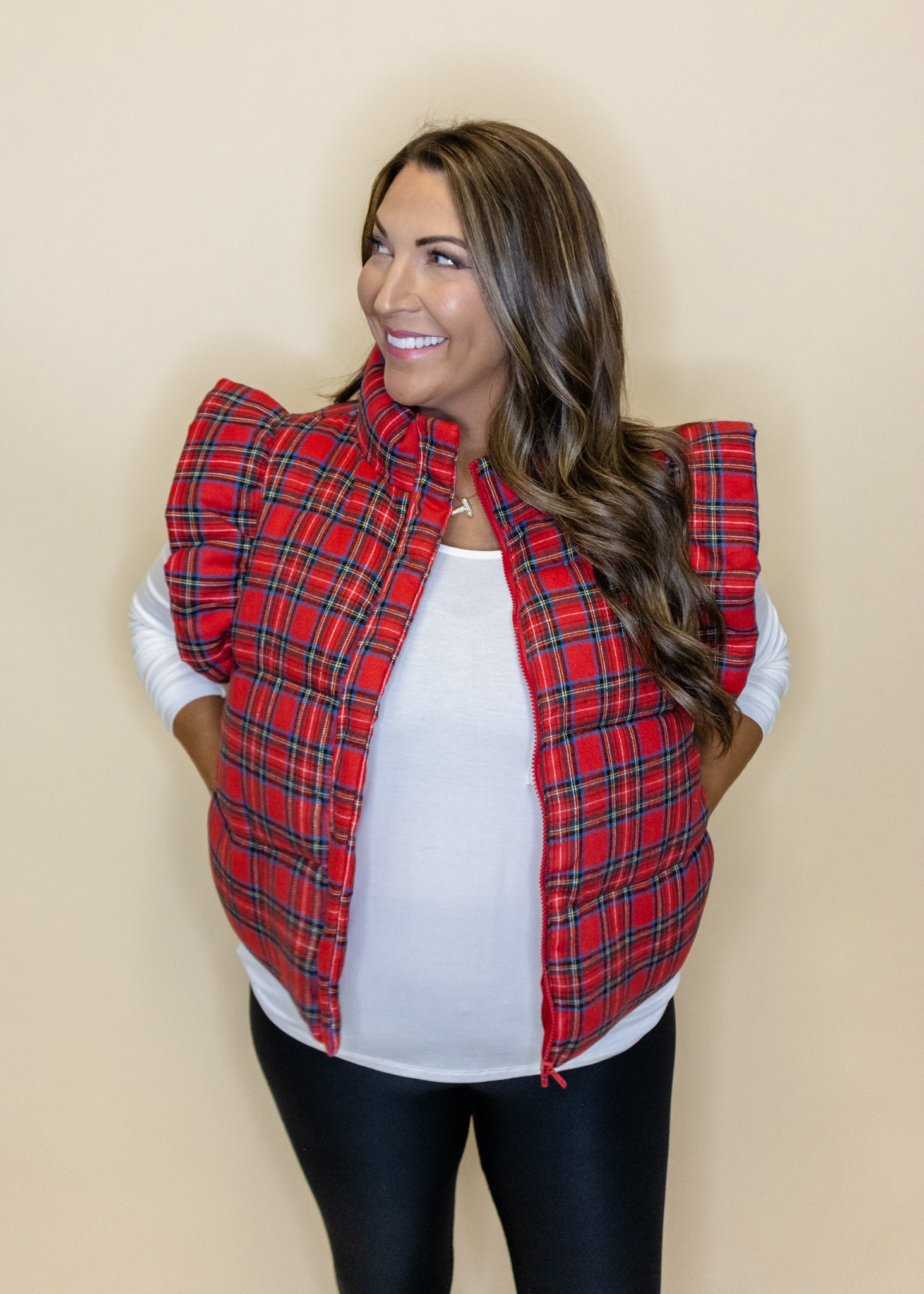 Red Plaid Ruffle Puffer Vest