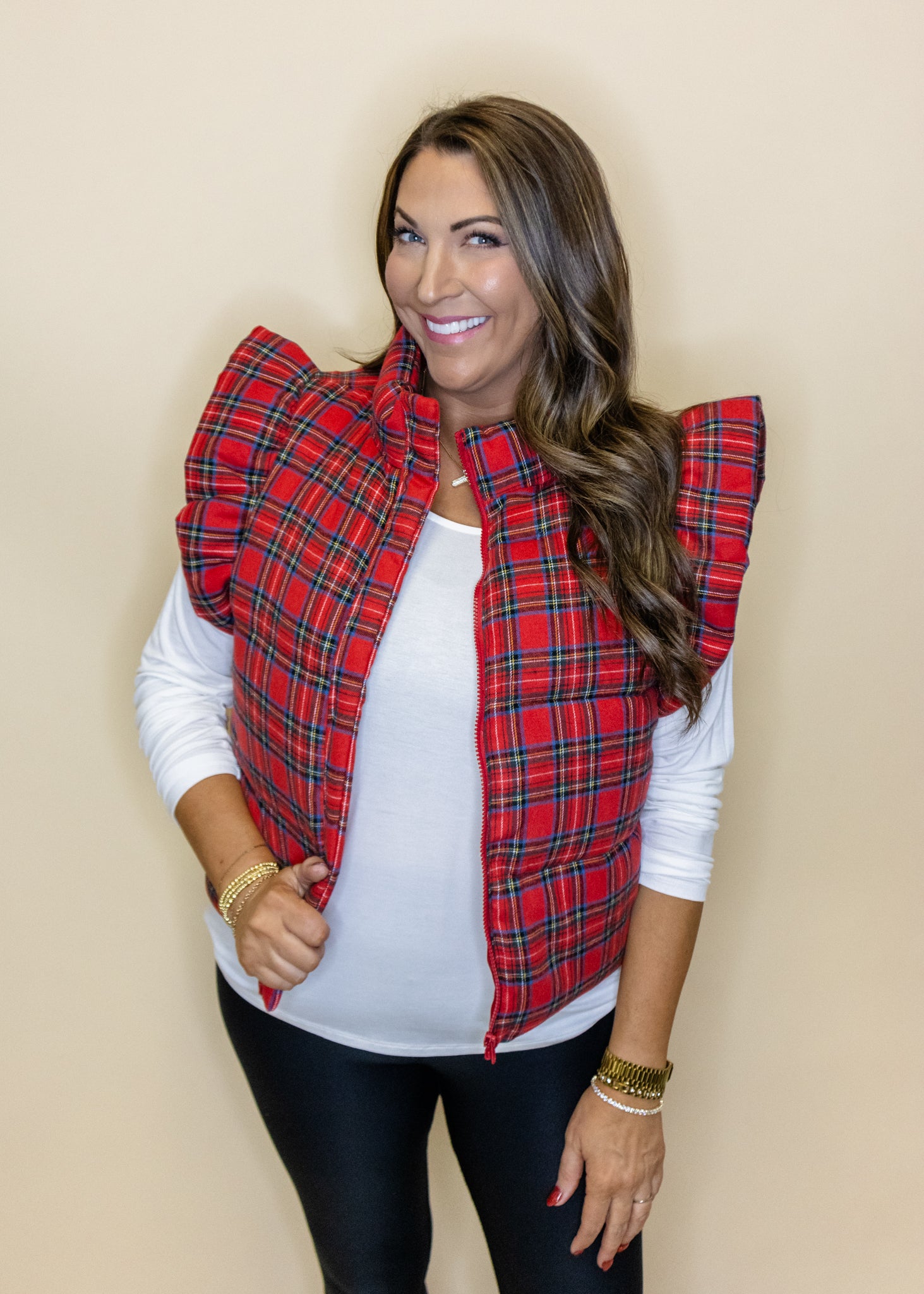 Red Plaid Ruffle Puffer Vest