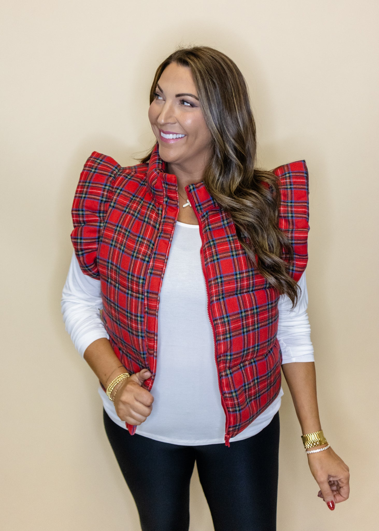 Red Plaid Ruffle Puffer Vest