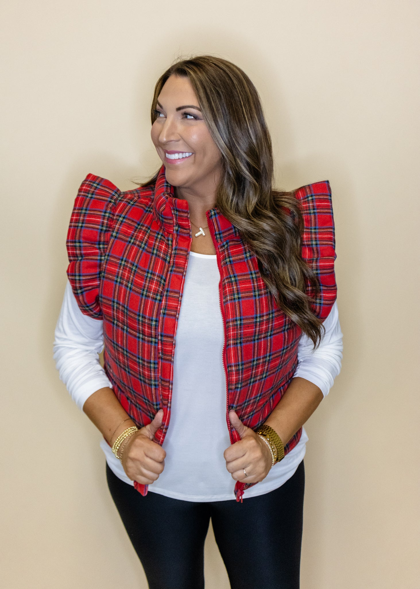 Red Plaid Ruffle Puffer Vest