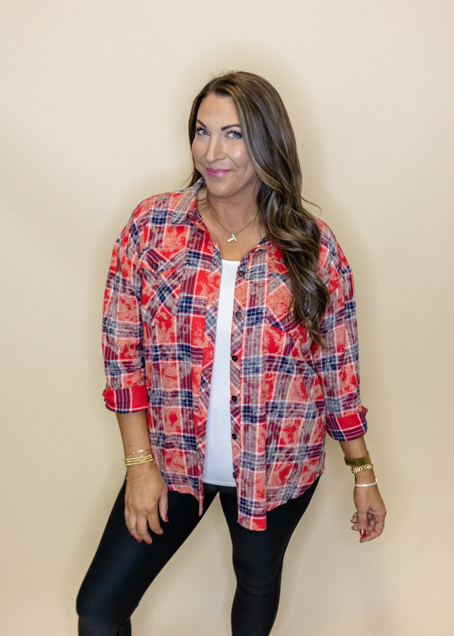 Red Tie Dye Plaid Top