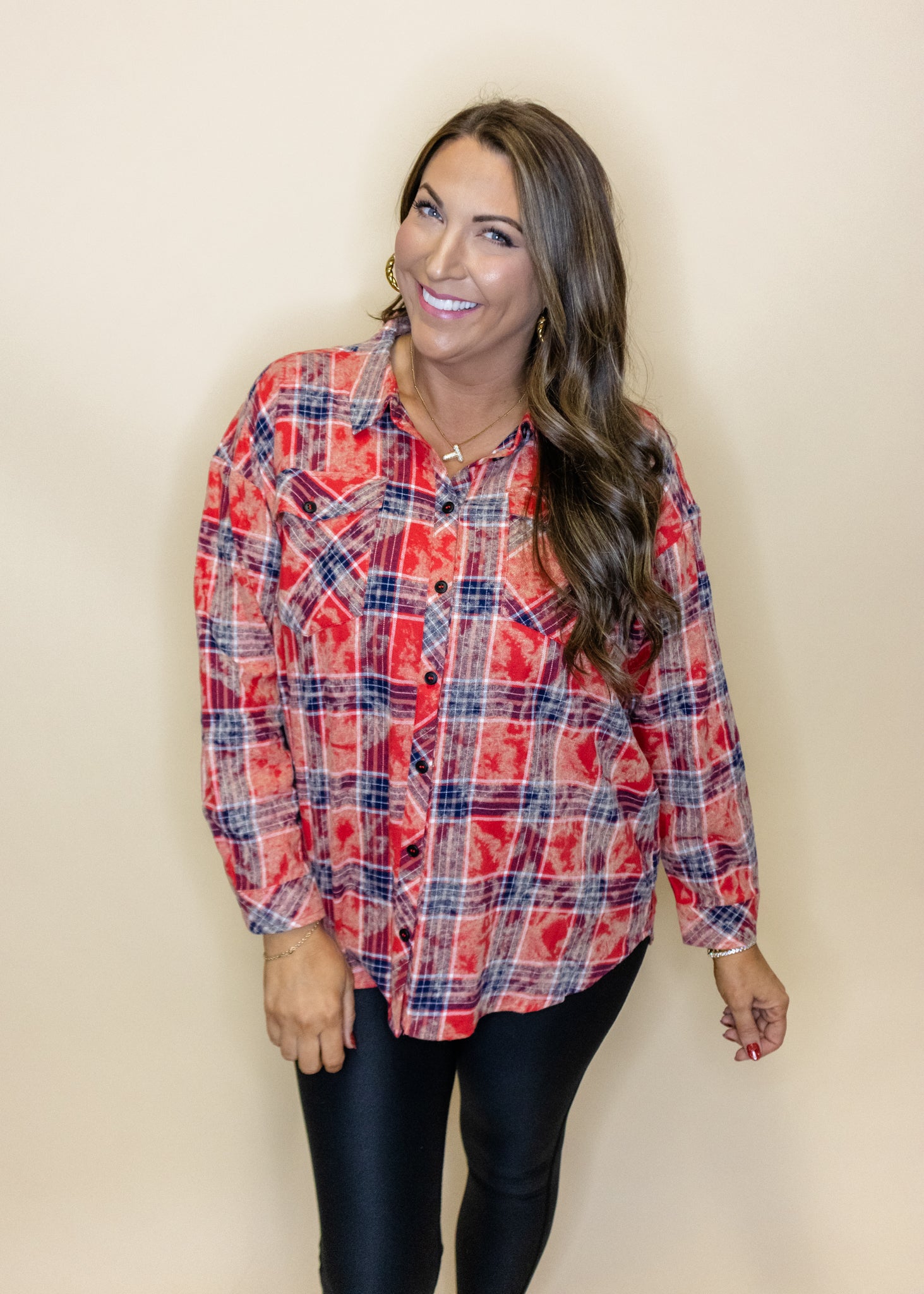 Red Tie Dye Plaid Top