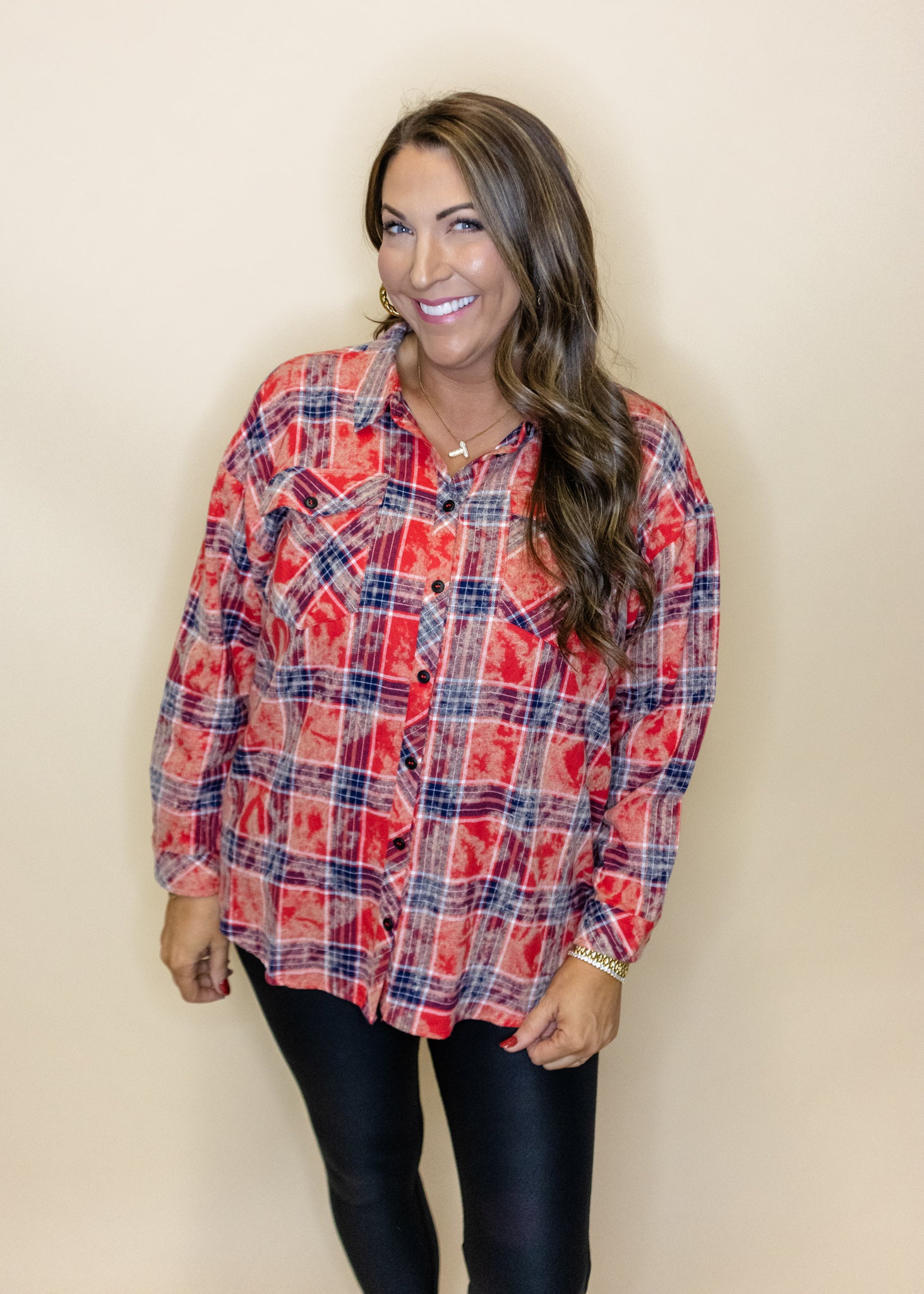 Red Tie Dye Plaid Top