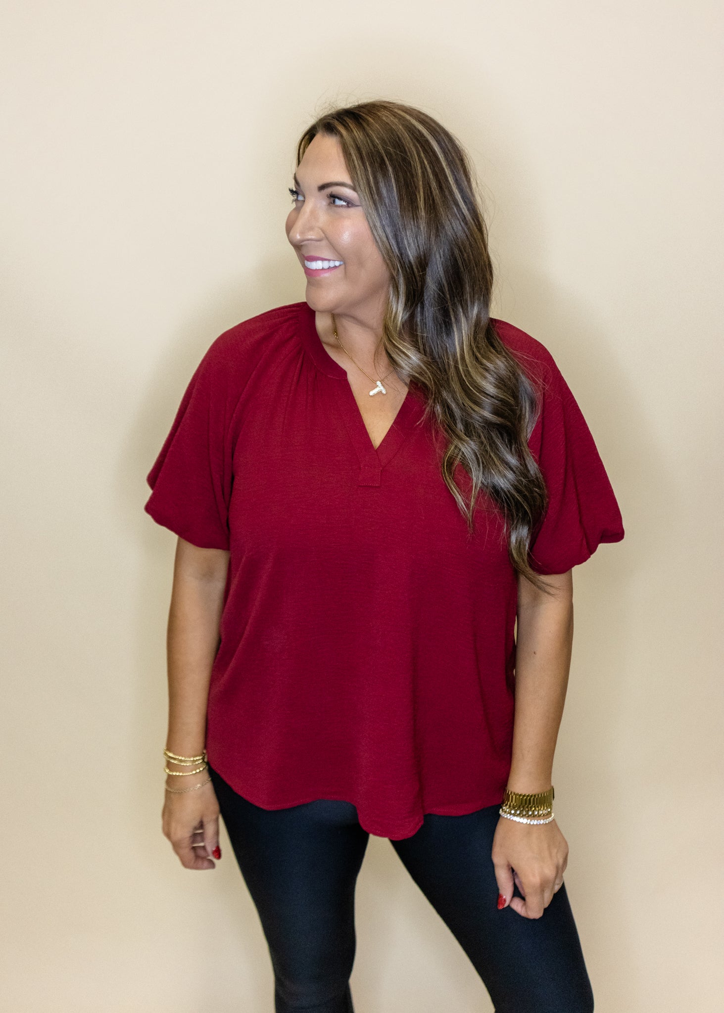 Burgundy Bubble Sleeve Top