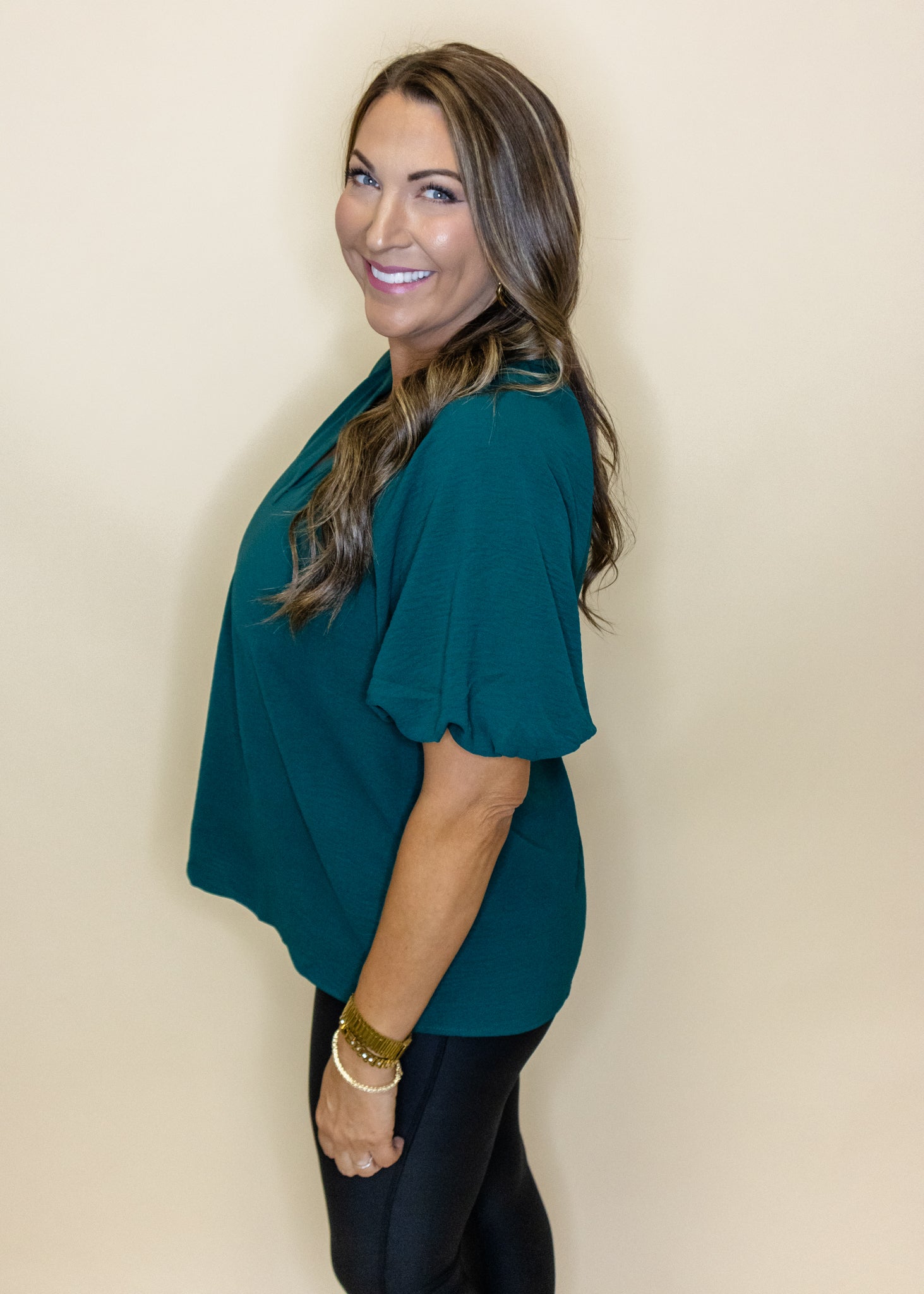 Hunter Green Bubble Sleeve Top