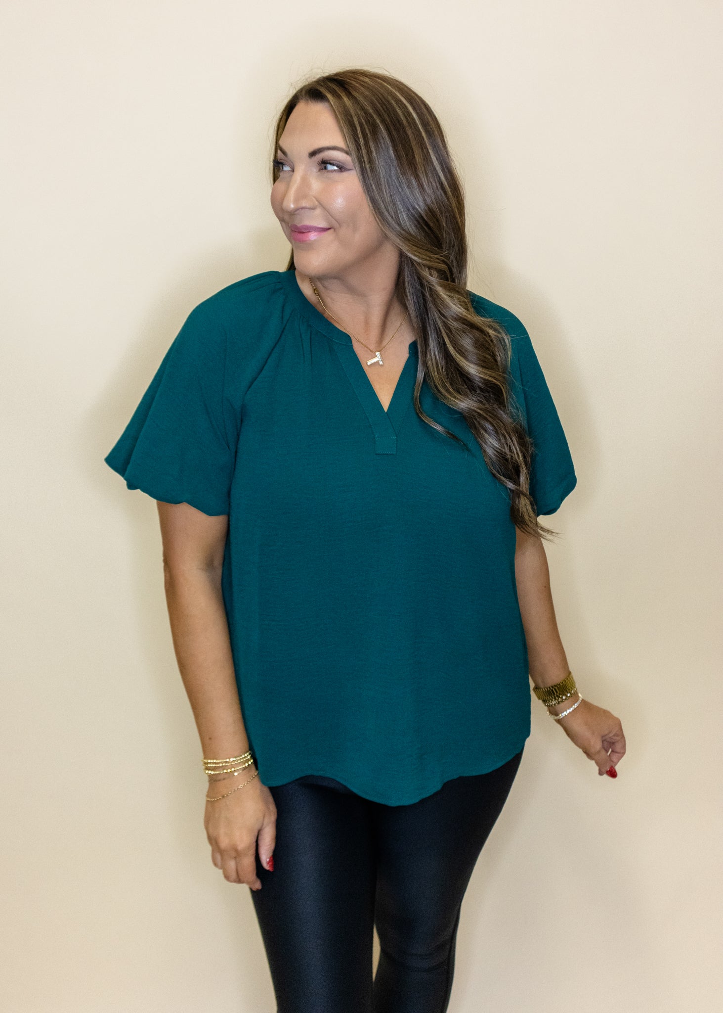 Hunter Green Bubble Sleeve Top