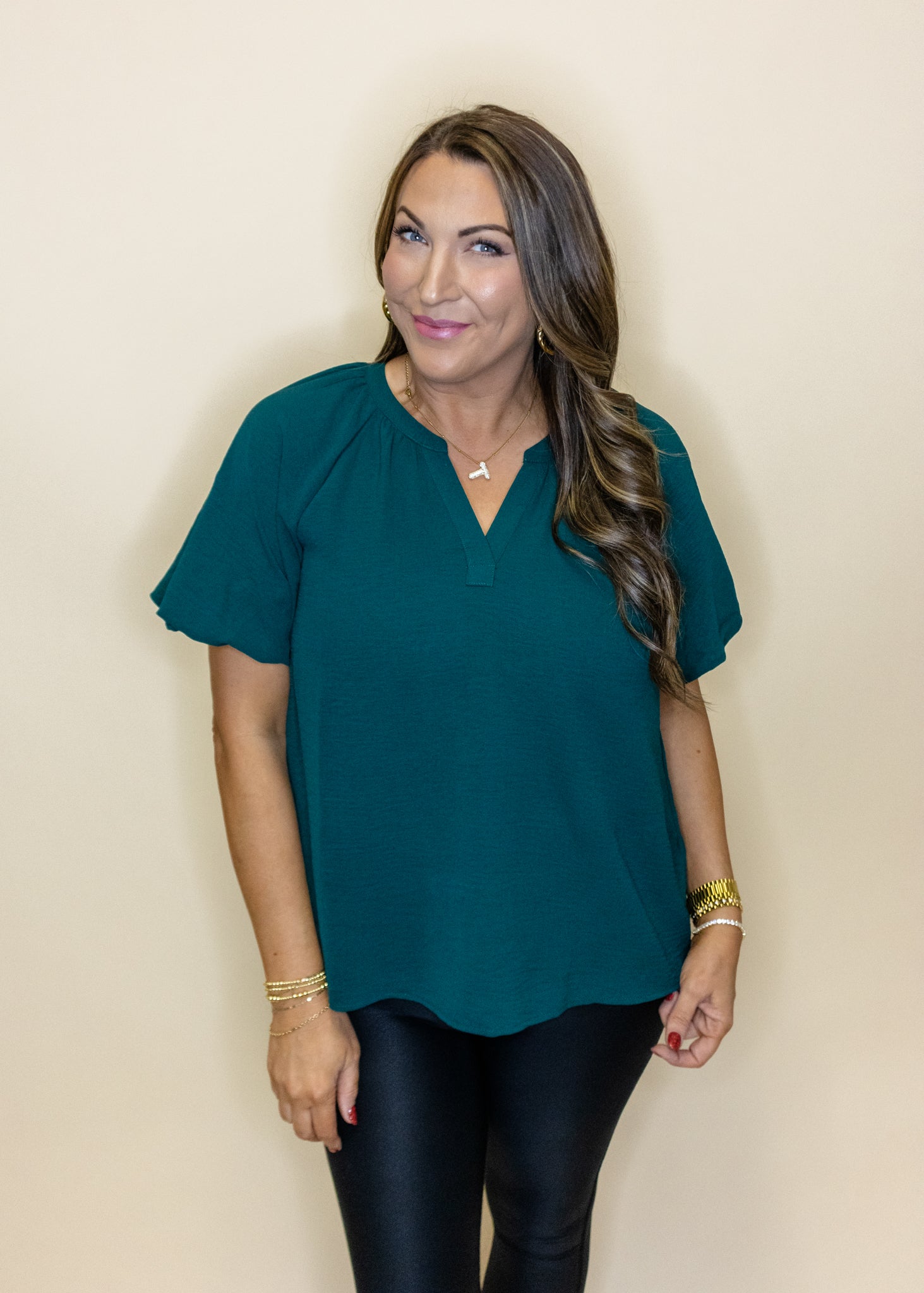 Hunter Green Bubble Sleeve Top