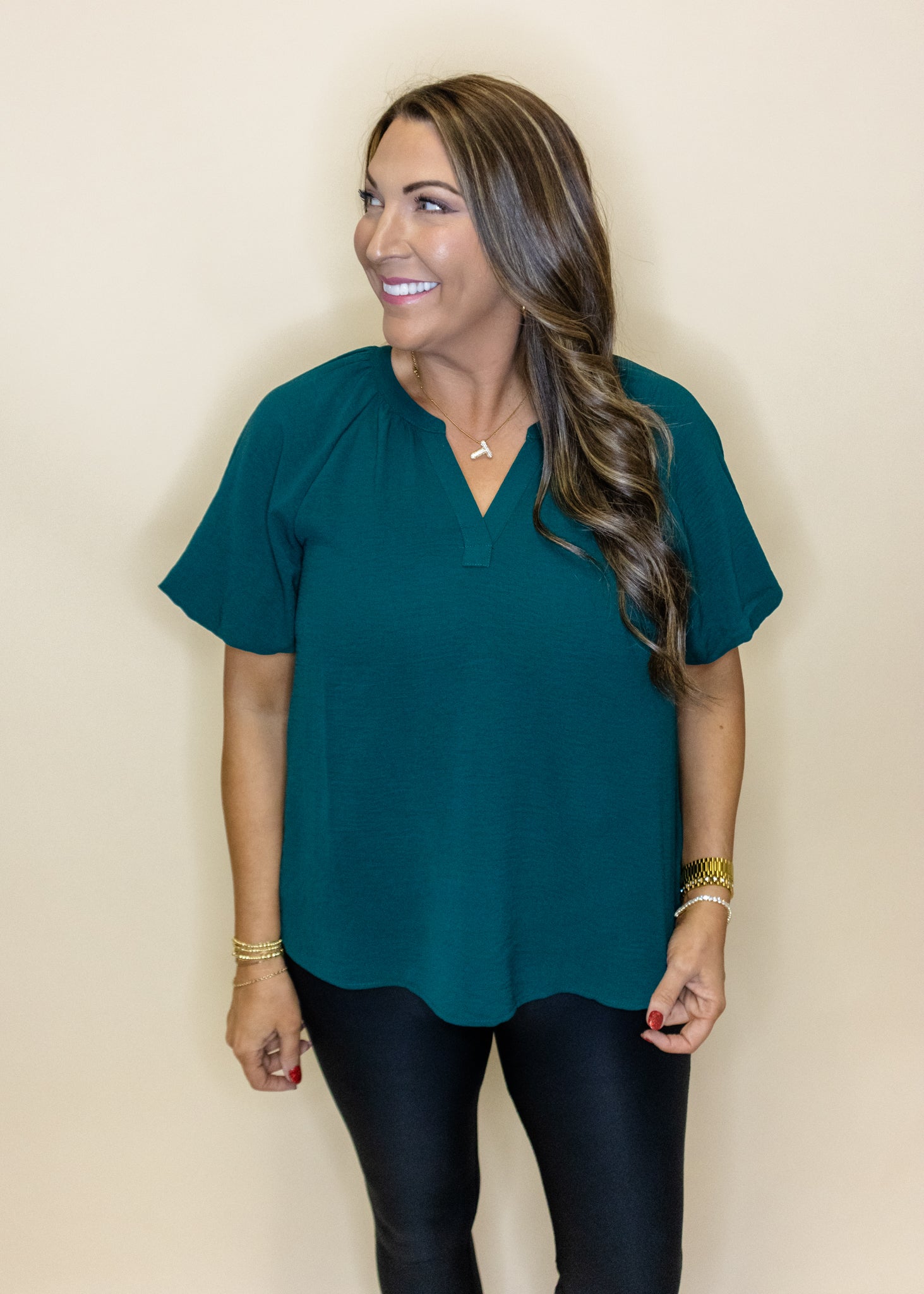 Hunter Green Bubble Sleeve Top