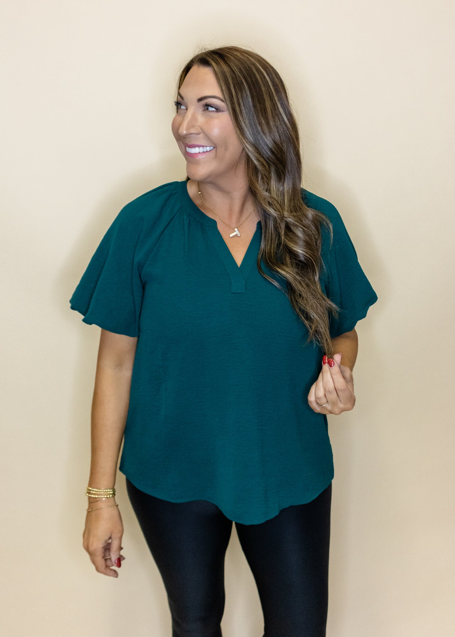 Hunter Green Bubble Sleeve Top