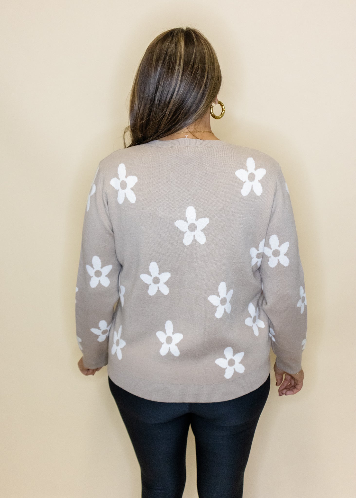 Beige Flower Print Sweater