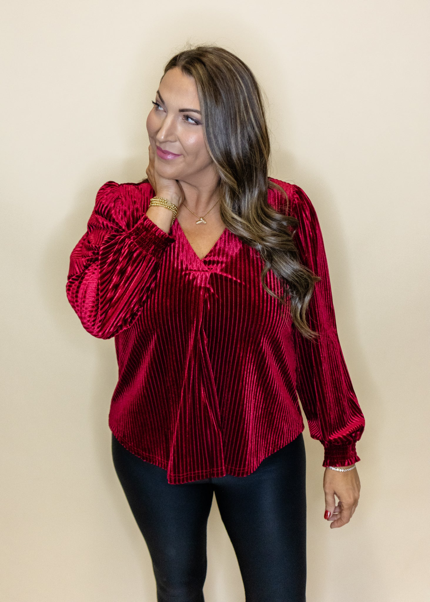 Red Velvet Pleated Top