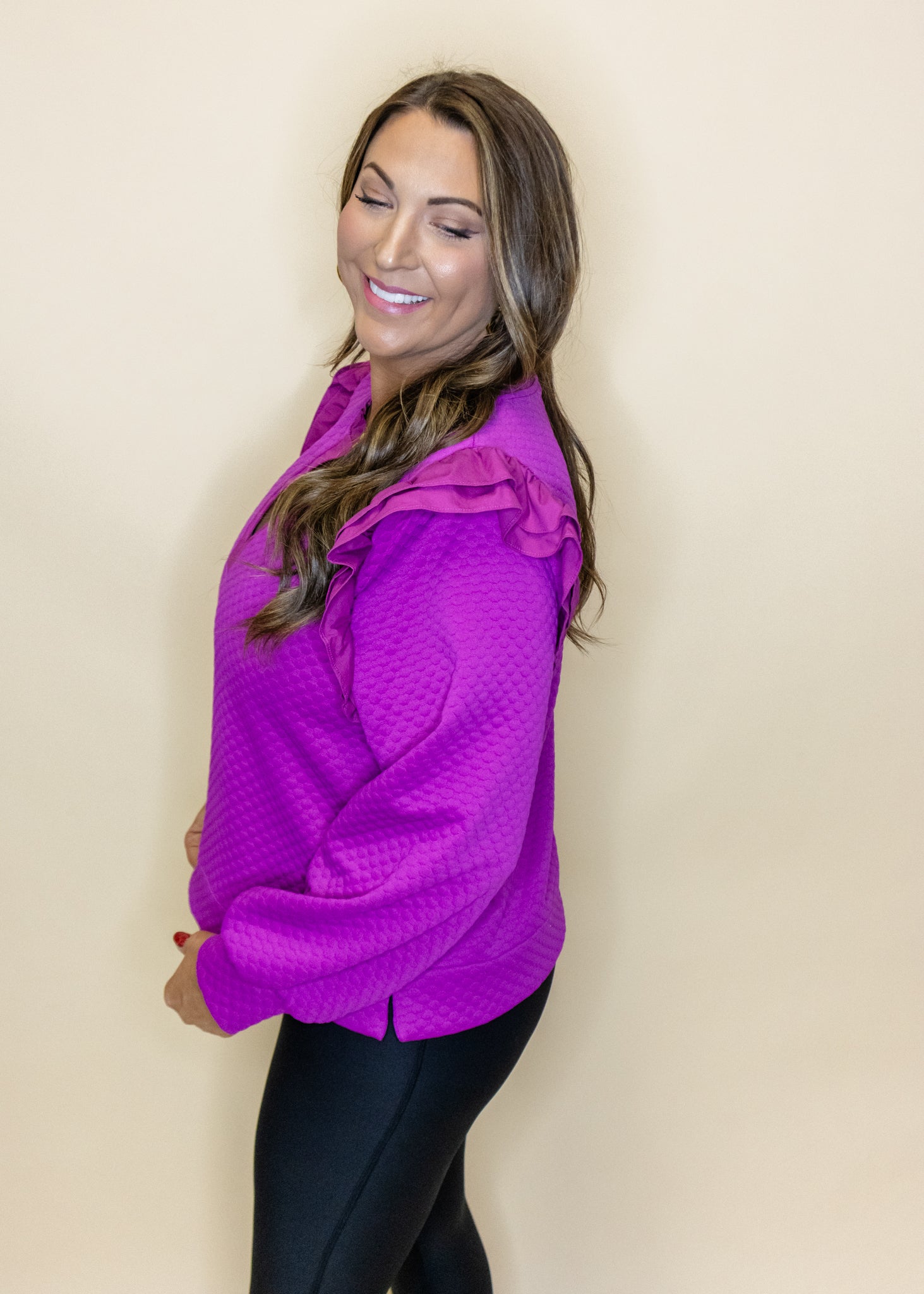 Purple Textured Frill Sleeve Top