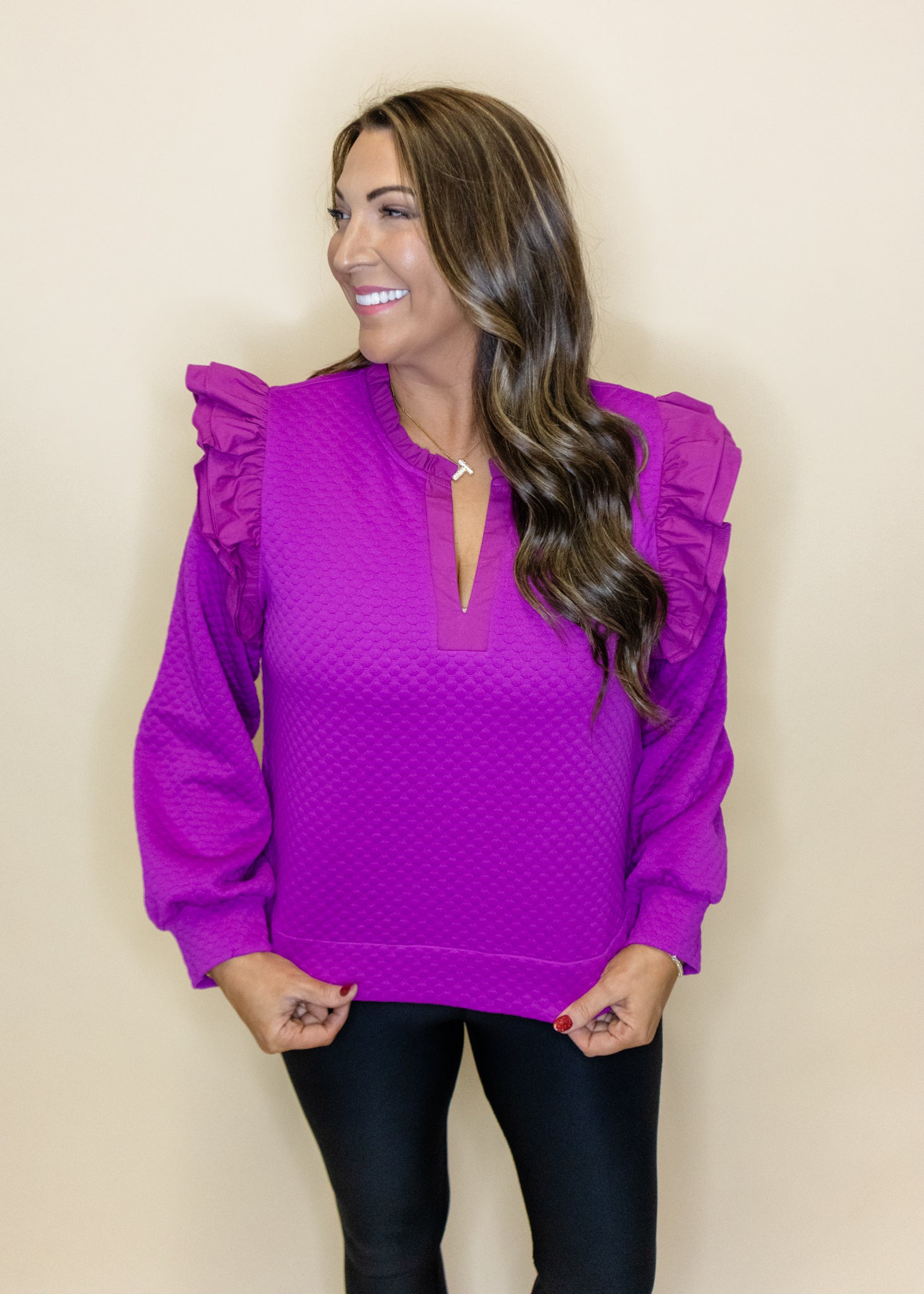 Purple Textured Frill Sleeve Top