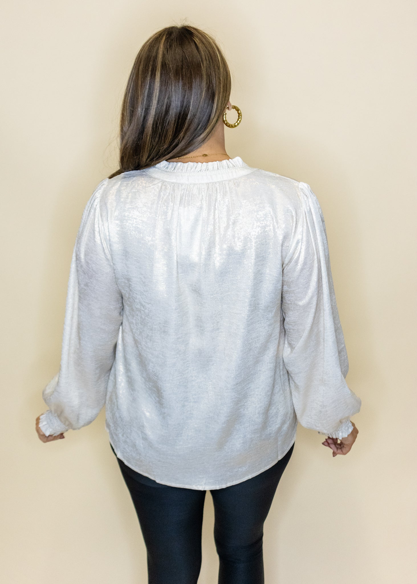 Ivory Metallic Smocked Sleeve Top