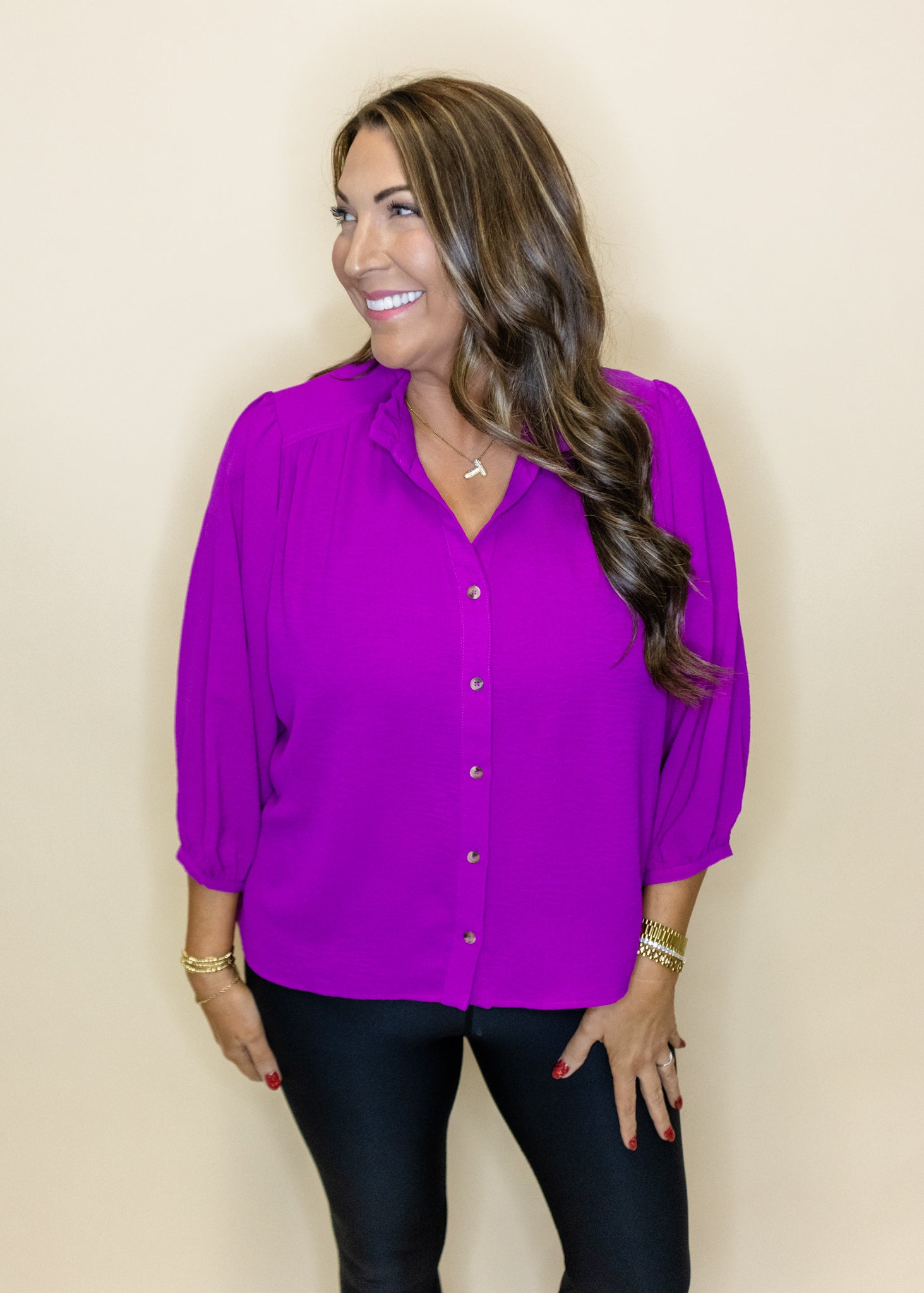 Magenta Button Up 3/4 Top