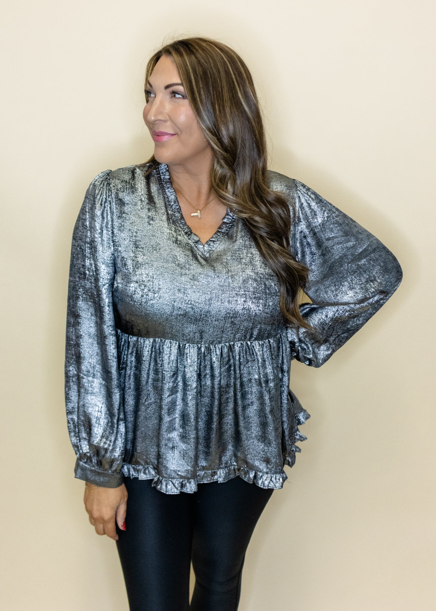 Silver Metallic Long Sleeve Top