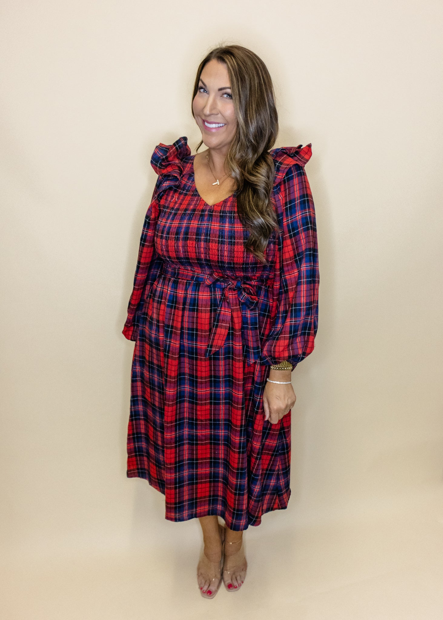 Red & Navy Plaid Smocked Dress