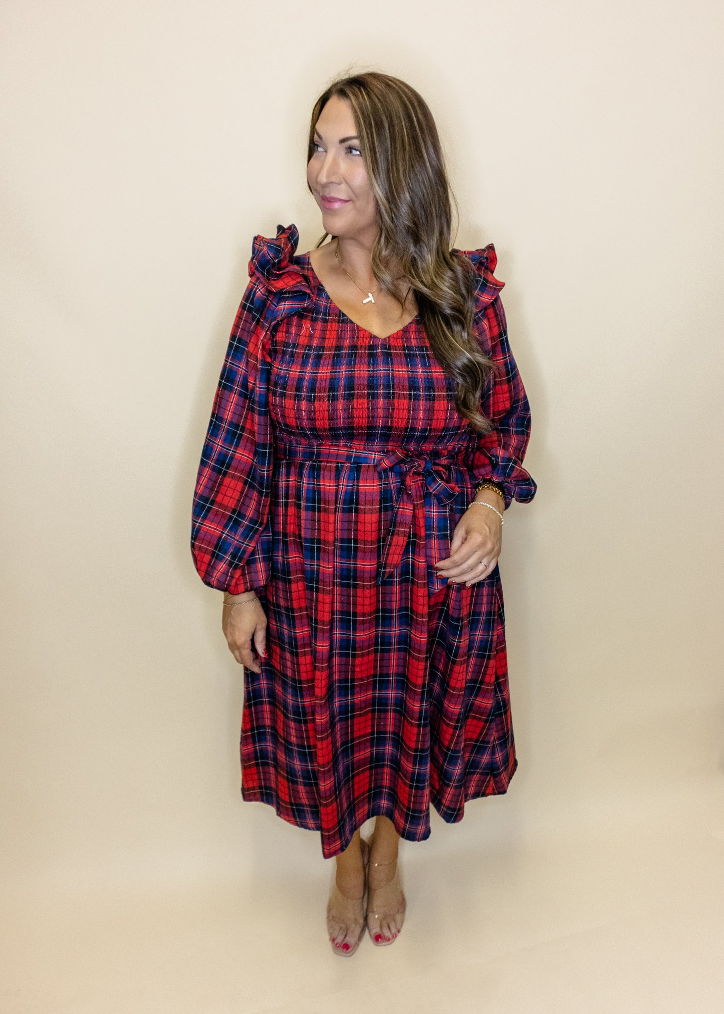 Red & Navy Plaid Smocked Dress