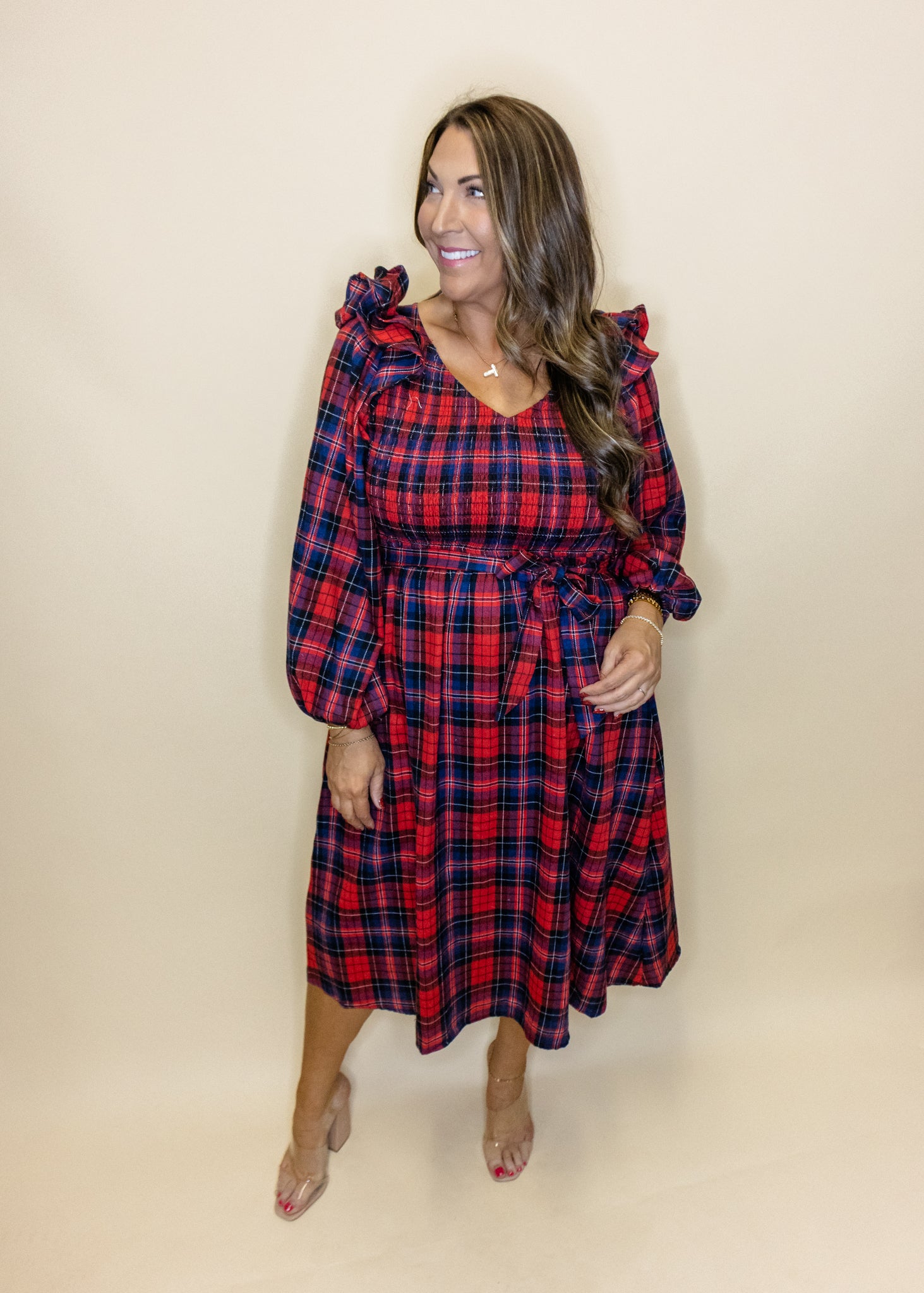 Red & Navy Plaid Smocked Dress