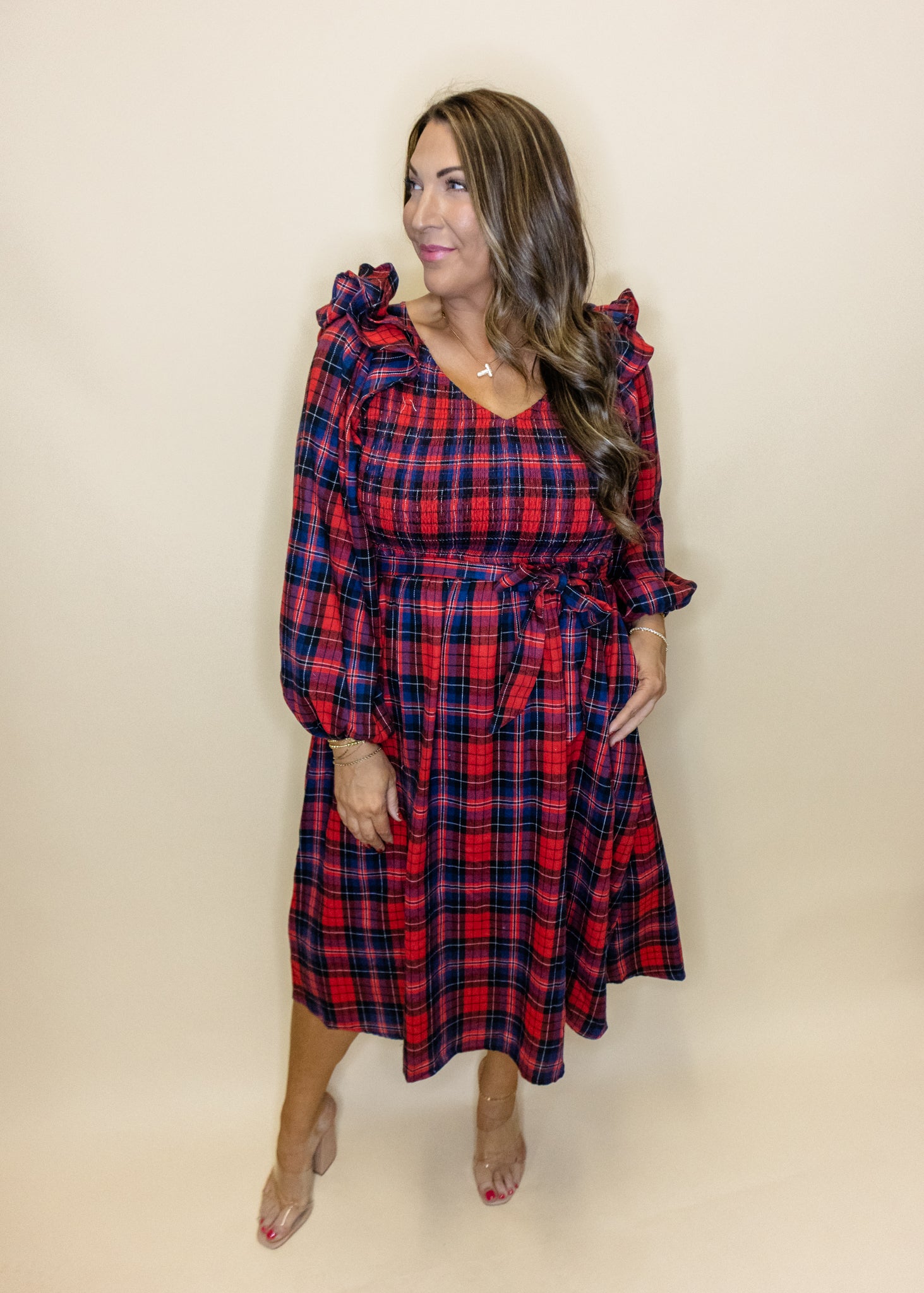 Red & Navy Plaid Smocked Dress