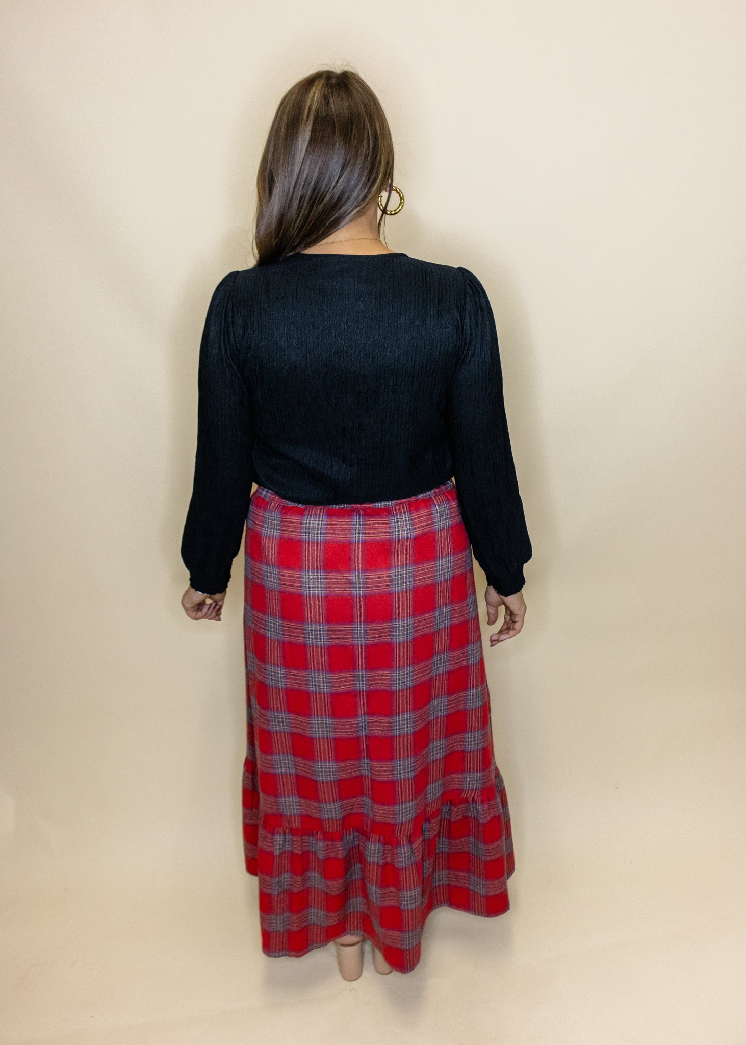 Red Plaid Tiered Maxi Skirt