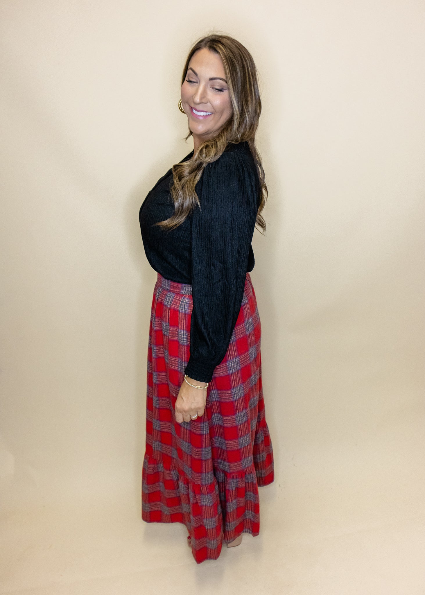 Red Plaid Tiered Maxi Skirt