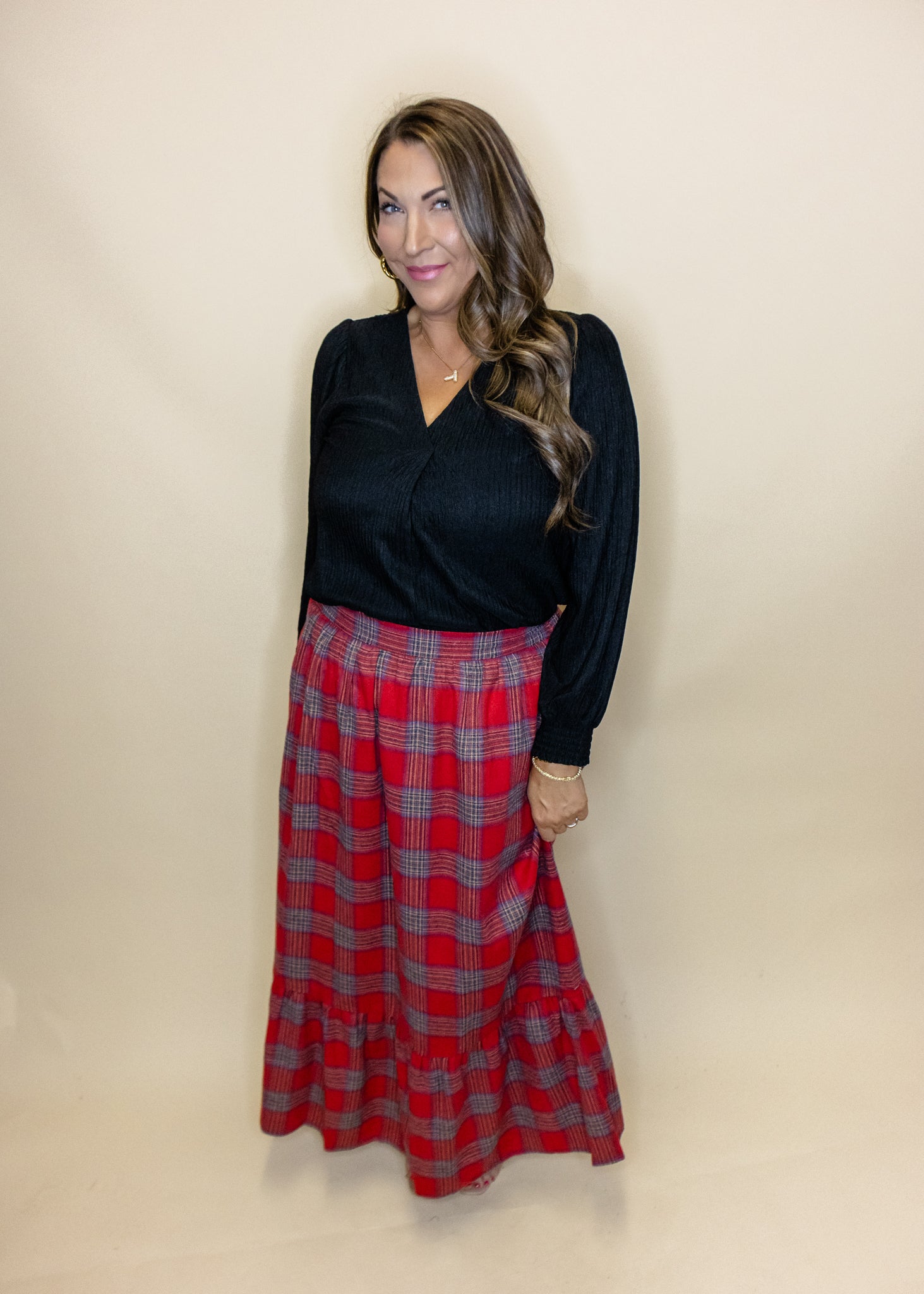 Red Plaid Tiered Maxi Skirt