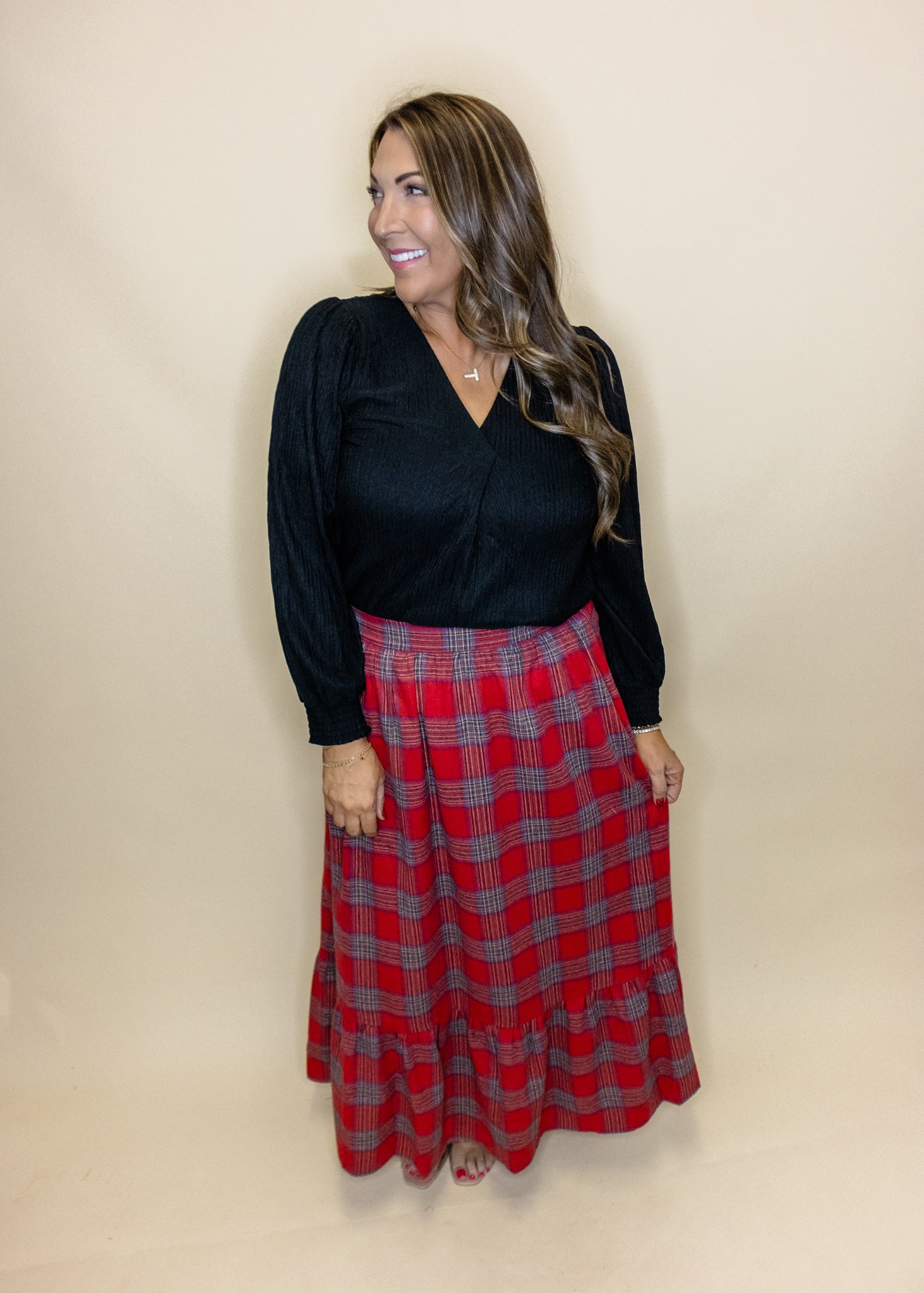 Red Plaid Tiered Maxi Skirt