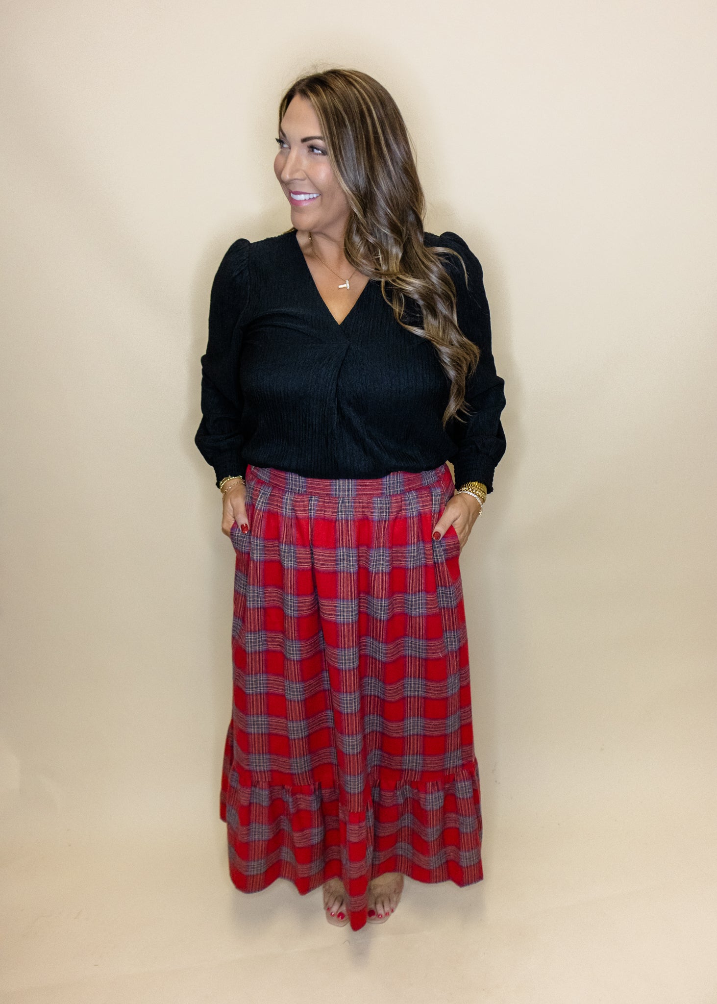 Red Plaid Tiered Maxi Skirt