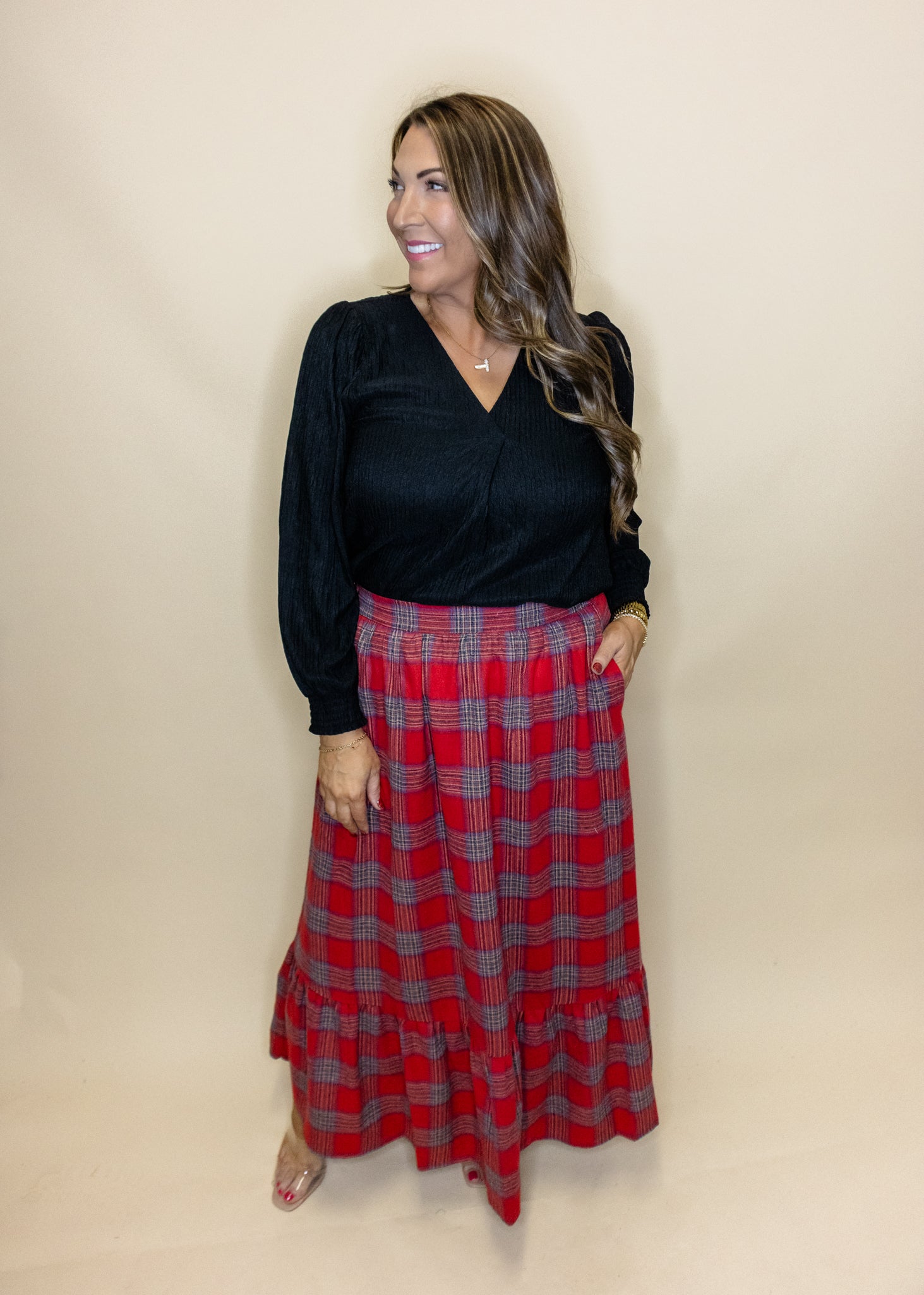 Red Plaid Tiered Maxi Skirt