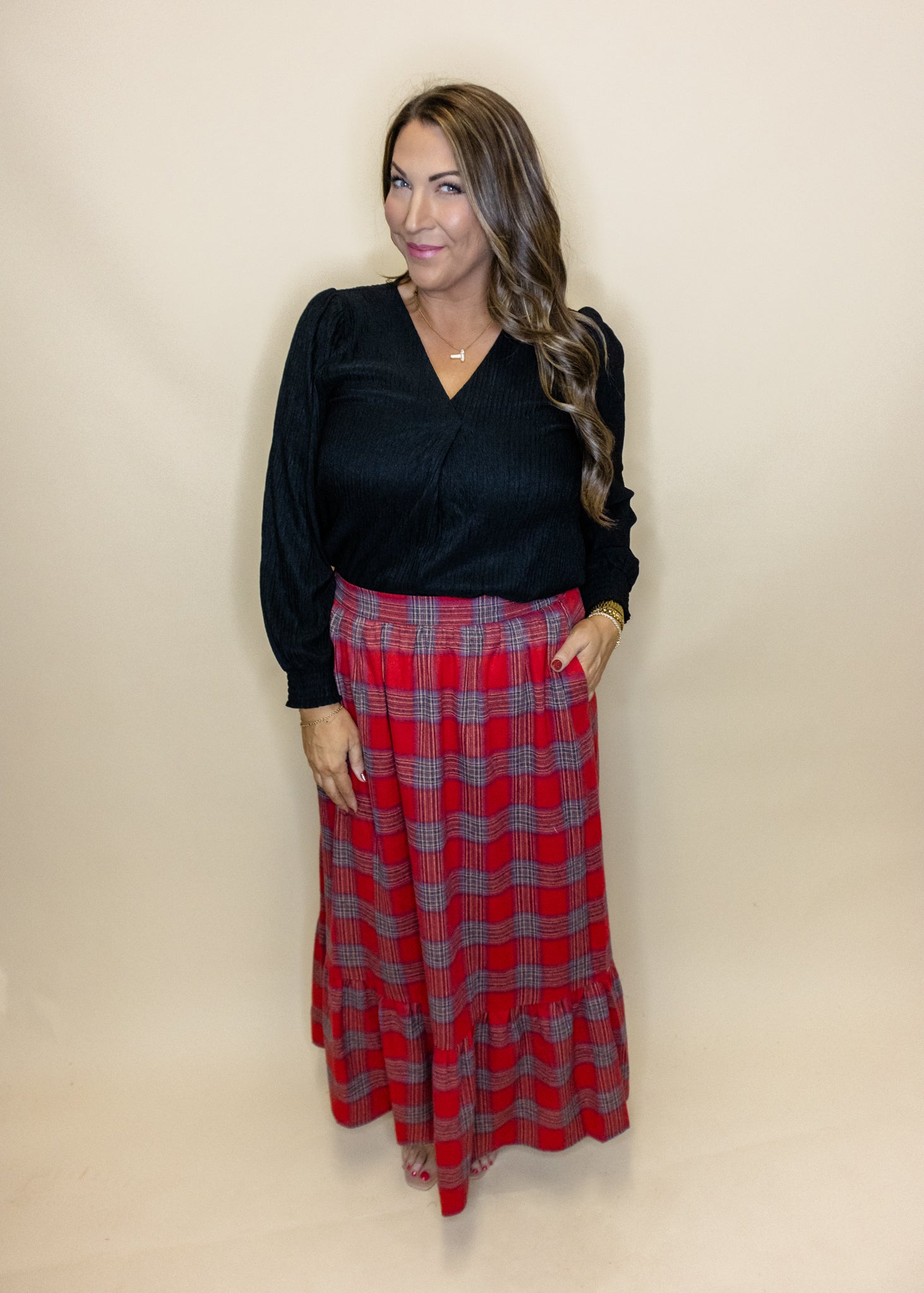 Red Plaid Tiered Maxi Skirt