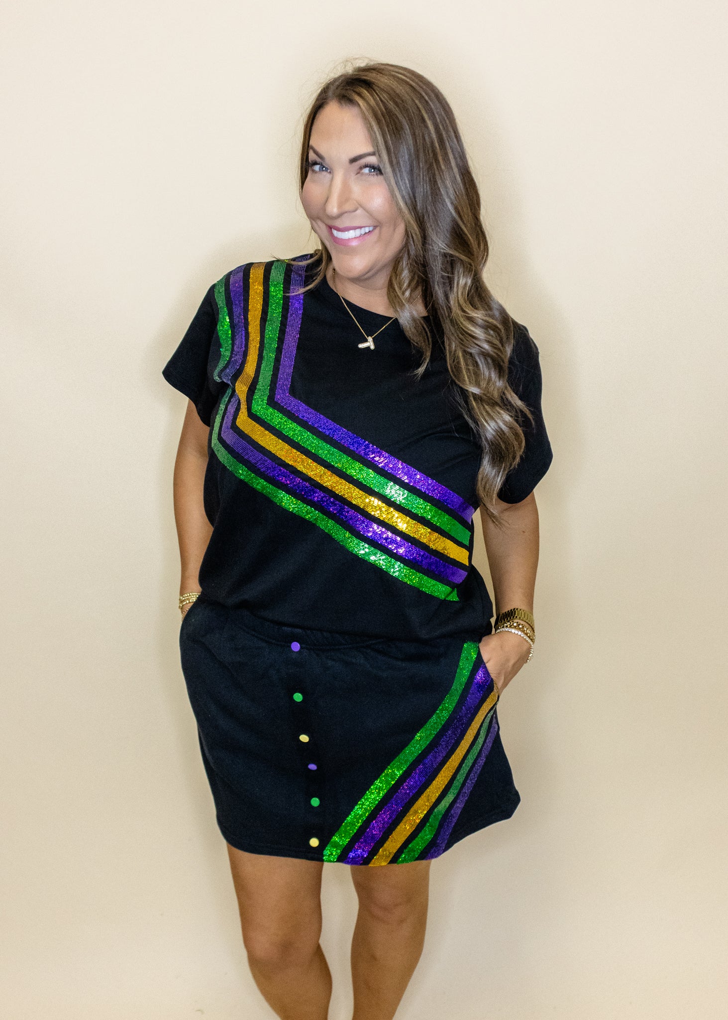 Black Diagonal Mardi Gras Stripe Tee