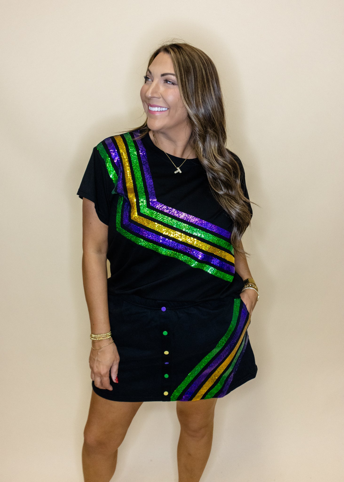 Black Diagonal Mardi Gras Stripe Tee