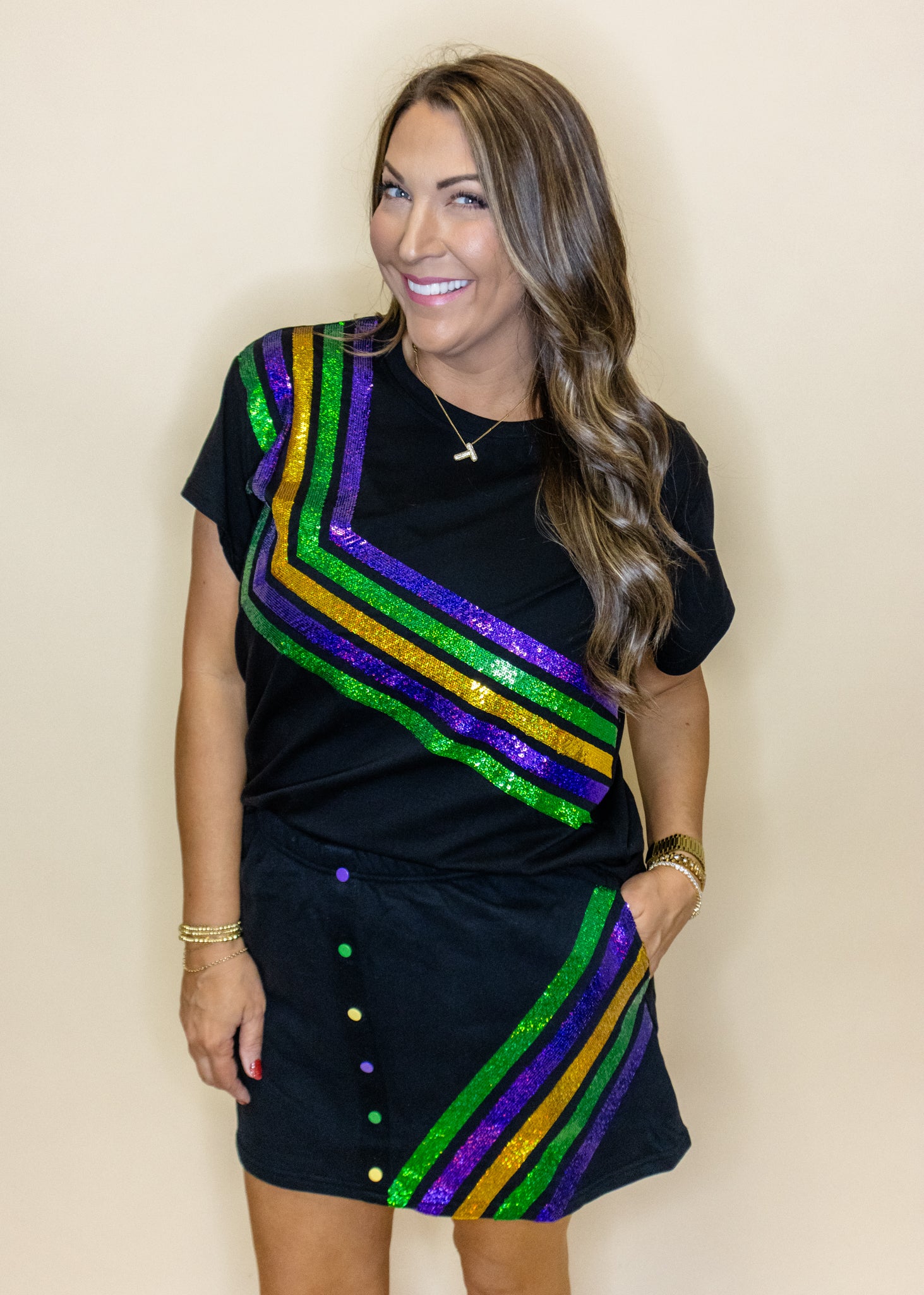 Black Diagonal Mardi Gras Stripe Tee