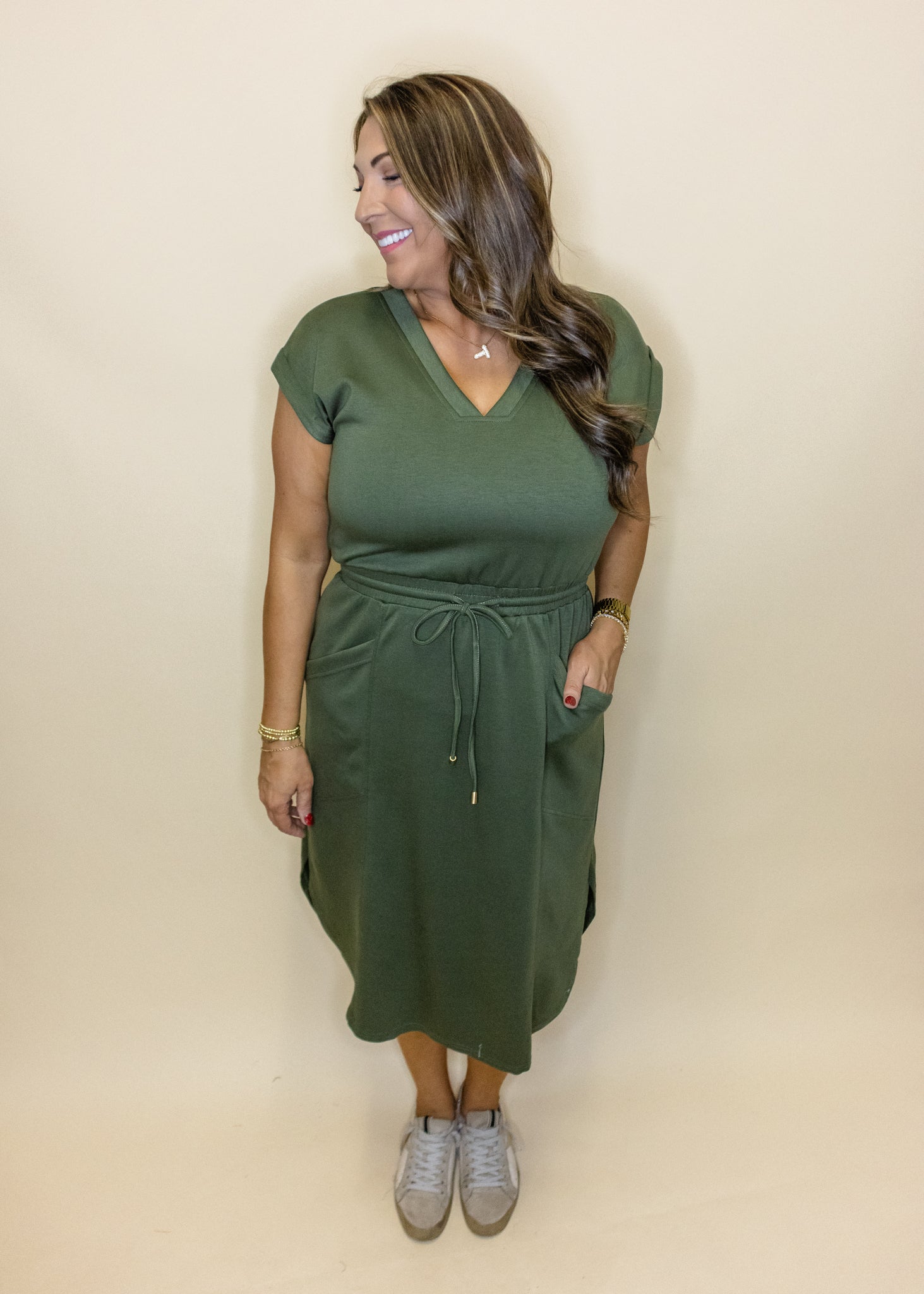 Olive Smocked Pocket Dress