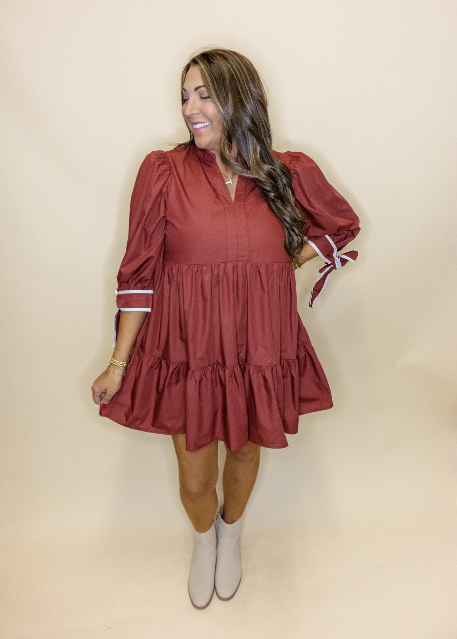 Chestnut Contrast Bow Sleeve Dress