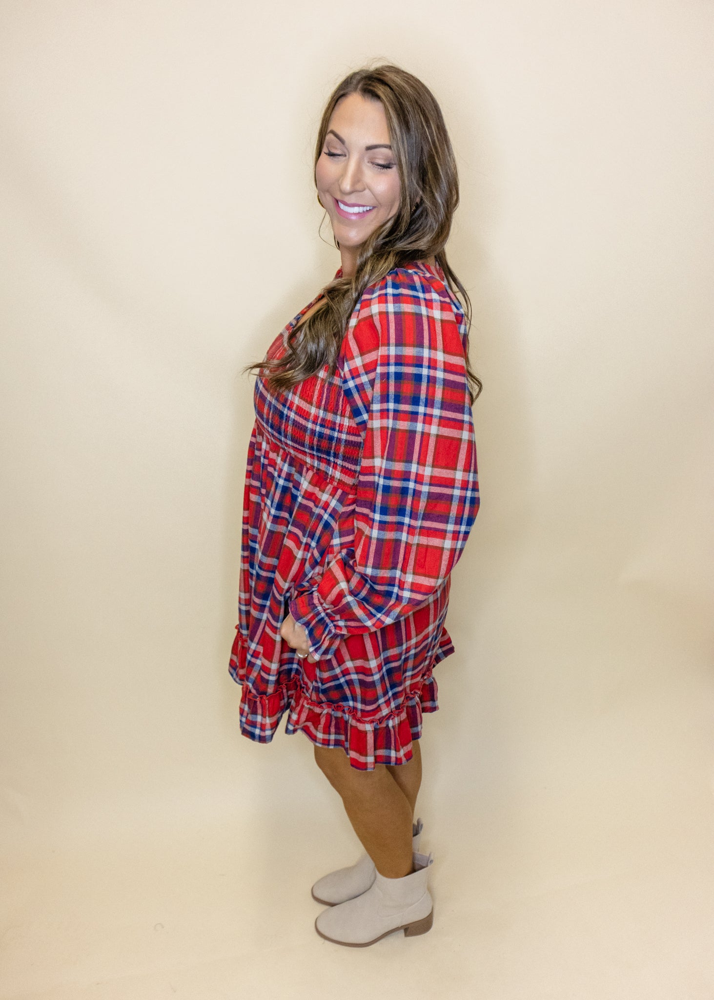 Red Plaid Smocked Pocket Dress