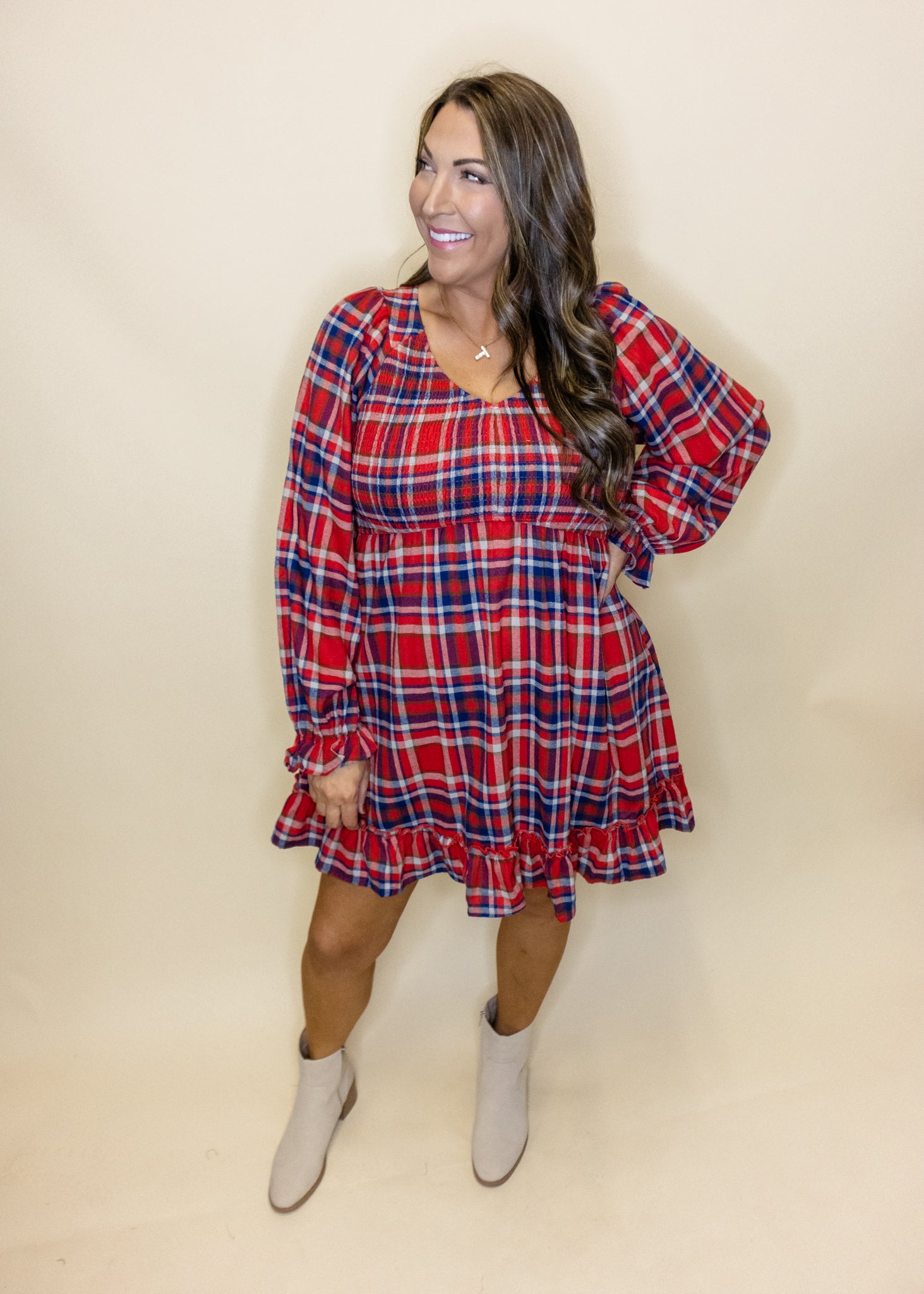 Red Plaid Smocked Pocket Dress