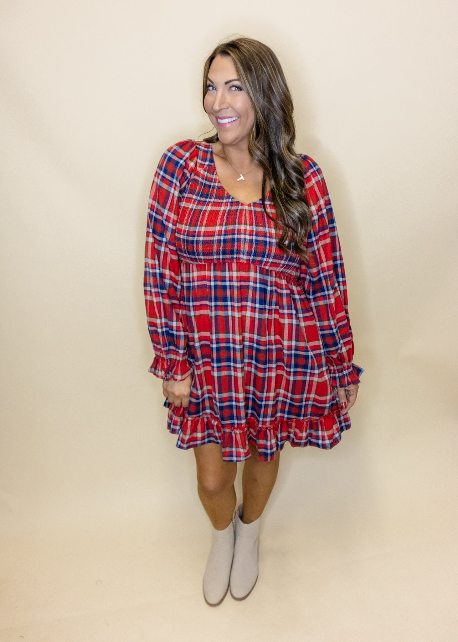 Red Plaid Smocked Pocket Dress