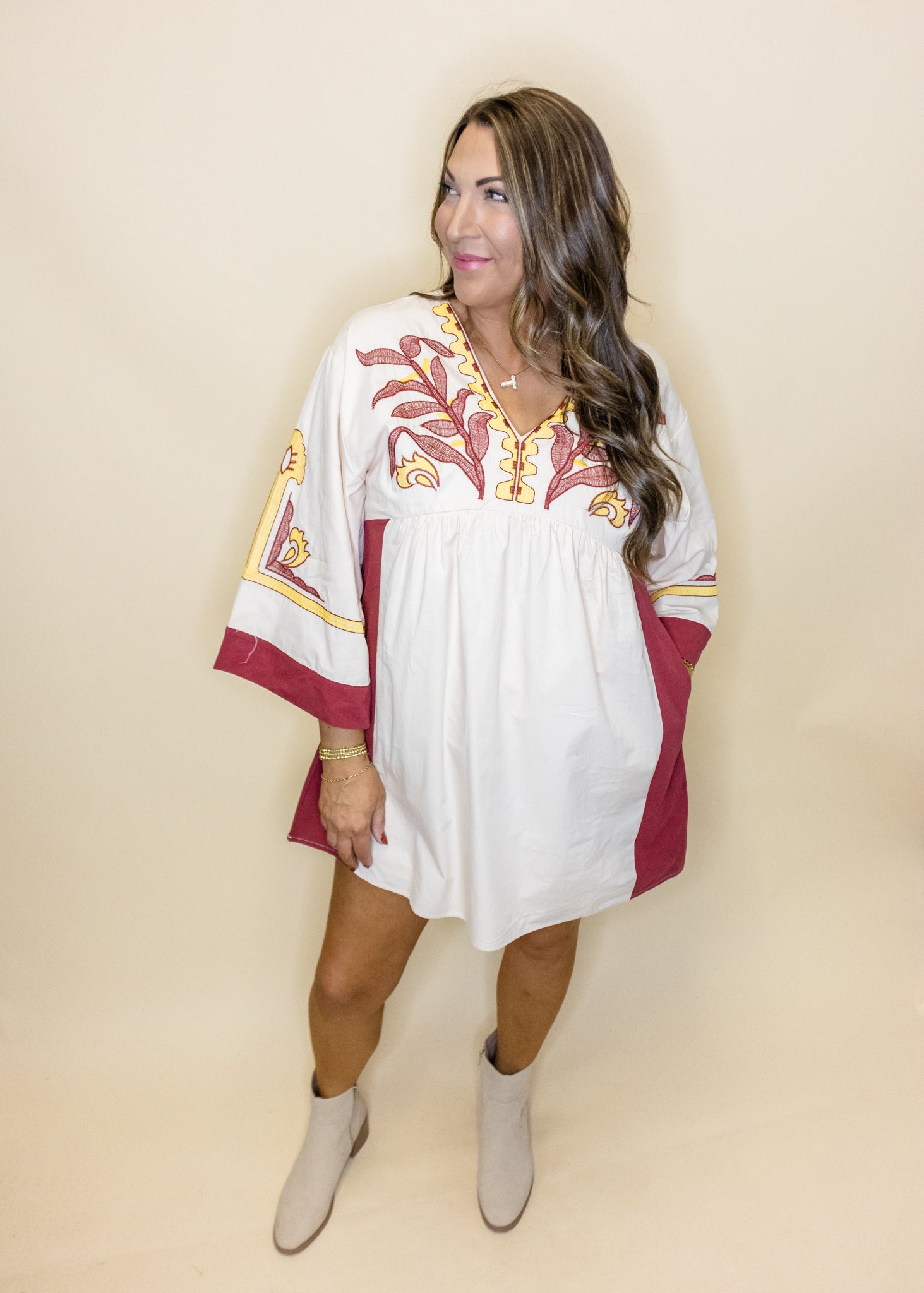 Cream Embroidered Kimono Dress