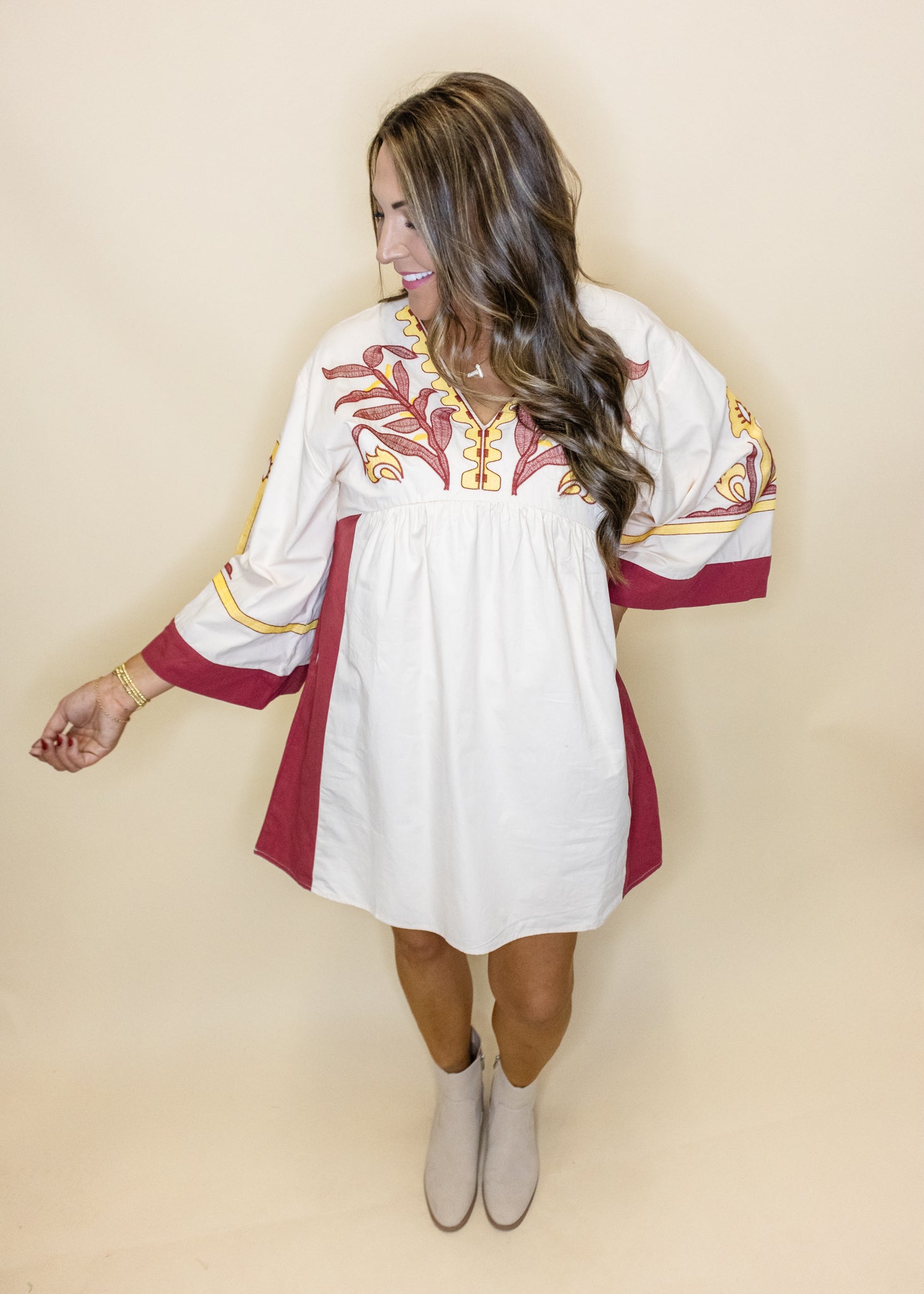 Cream Embroidered Kimono Dress