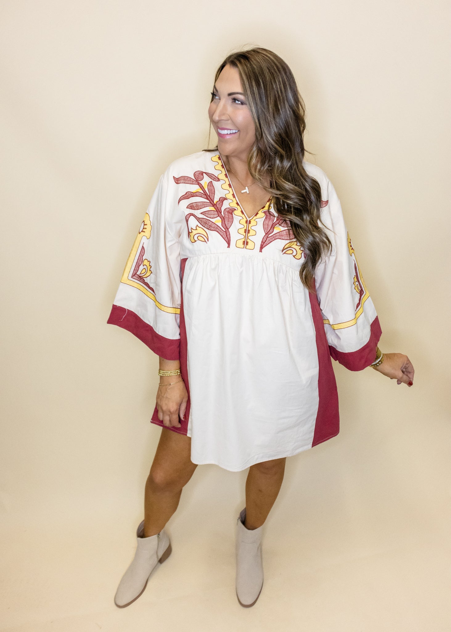 Cream Embroidered Kimono Dress