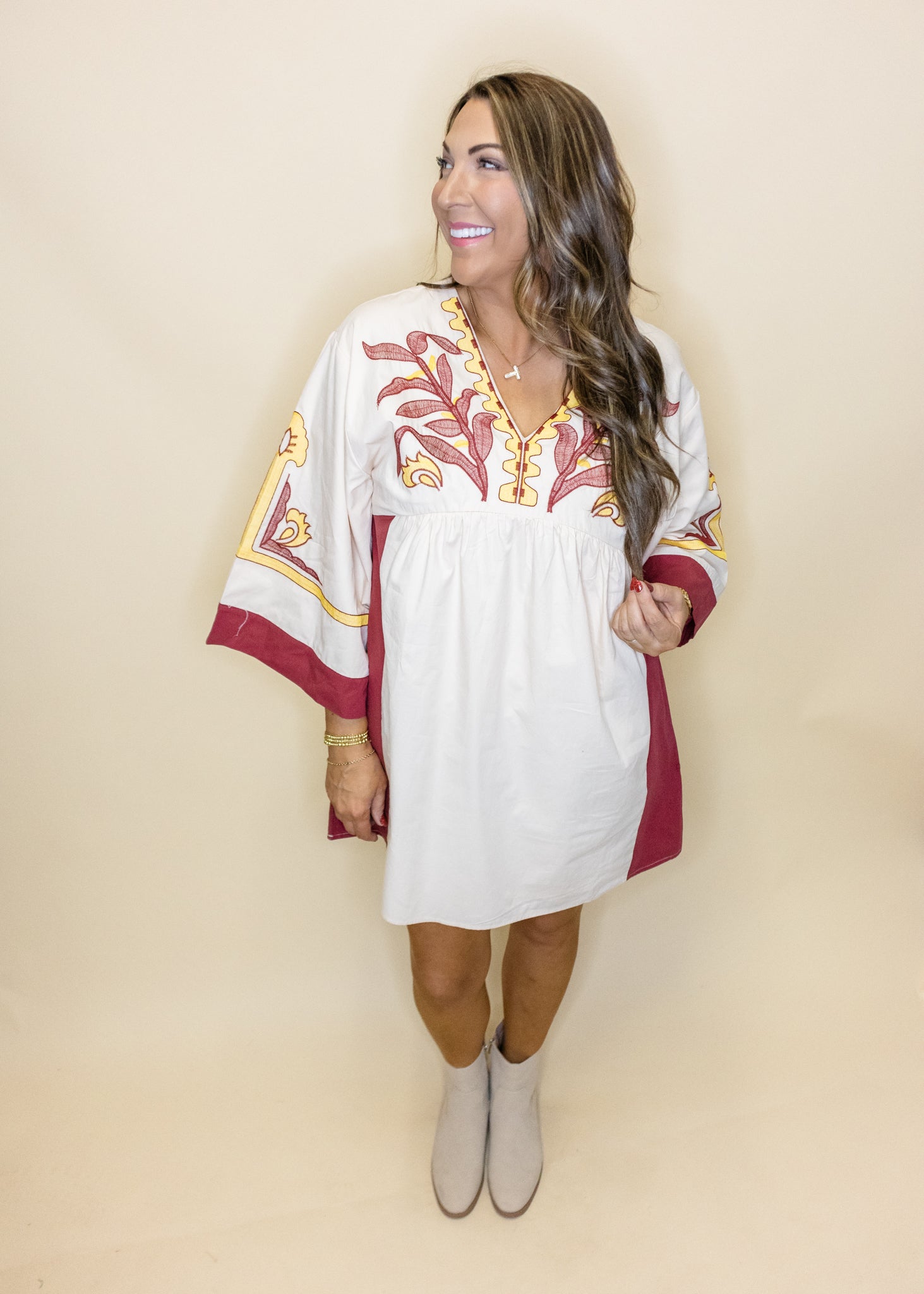 Cream Embroidered Kimono Dress