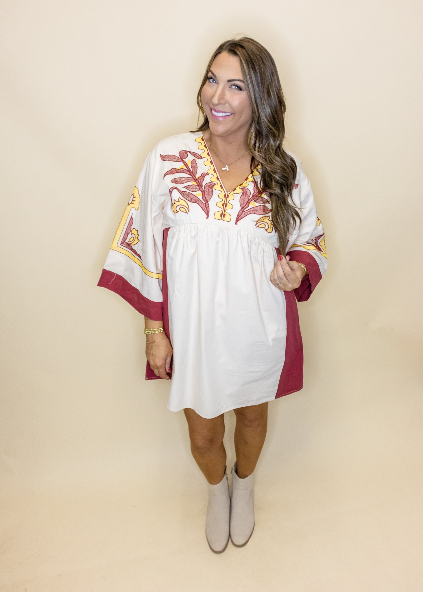 Cream Embroidered Kimono Dress