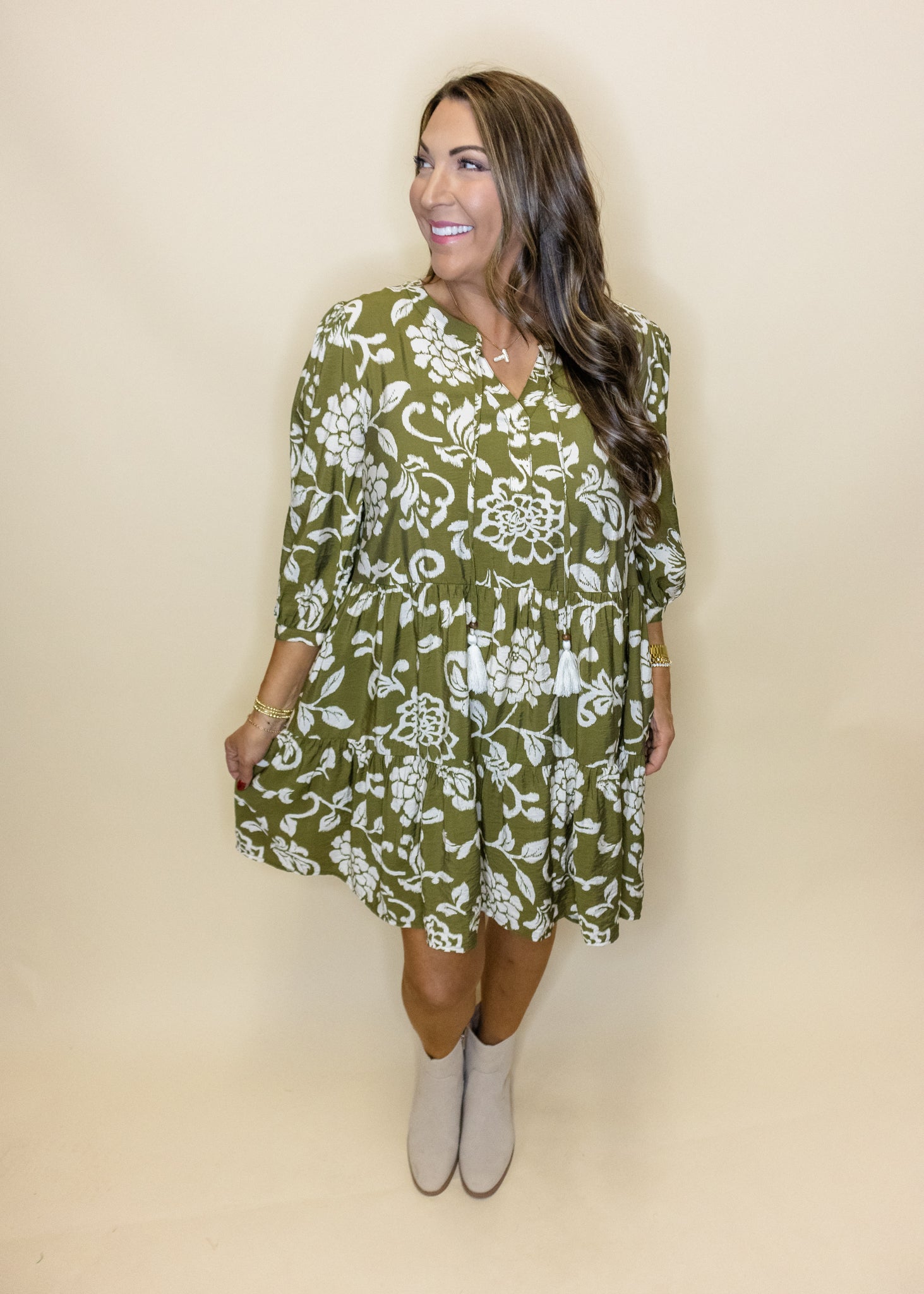 Olive Floral Pocket Flowy Dress