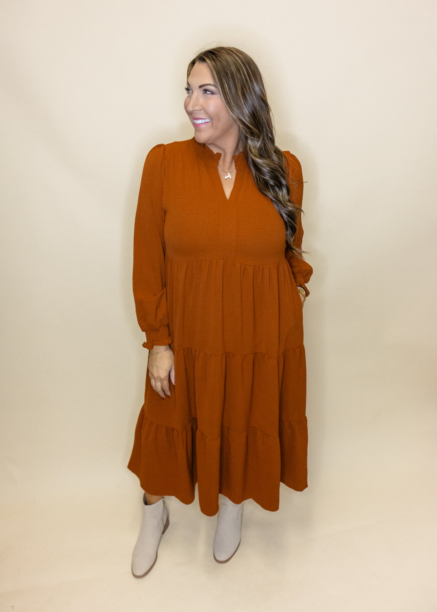 Toffee Long Sleeve Midi Dress